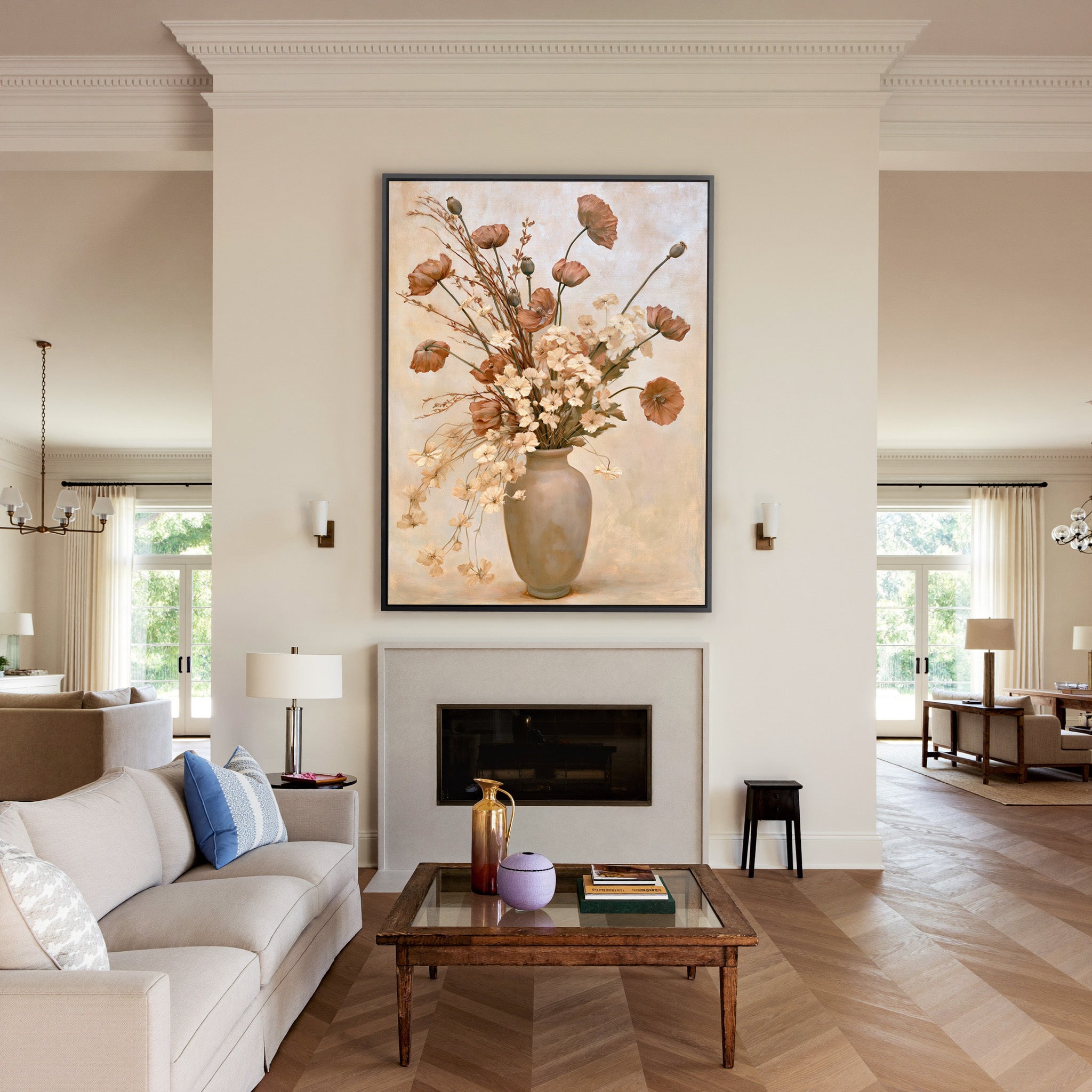 cream vase with dried poppies and pale blossoms canvas wall art in a black frame above a mantel