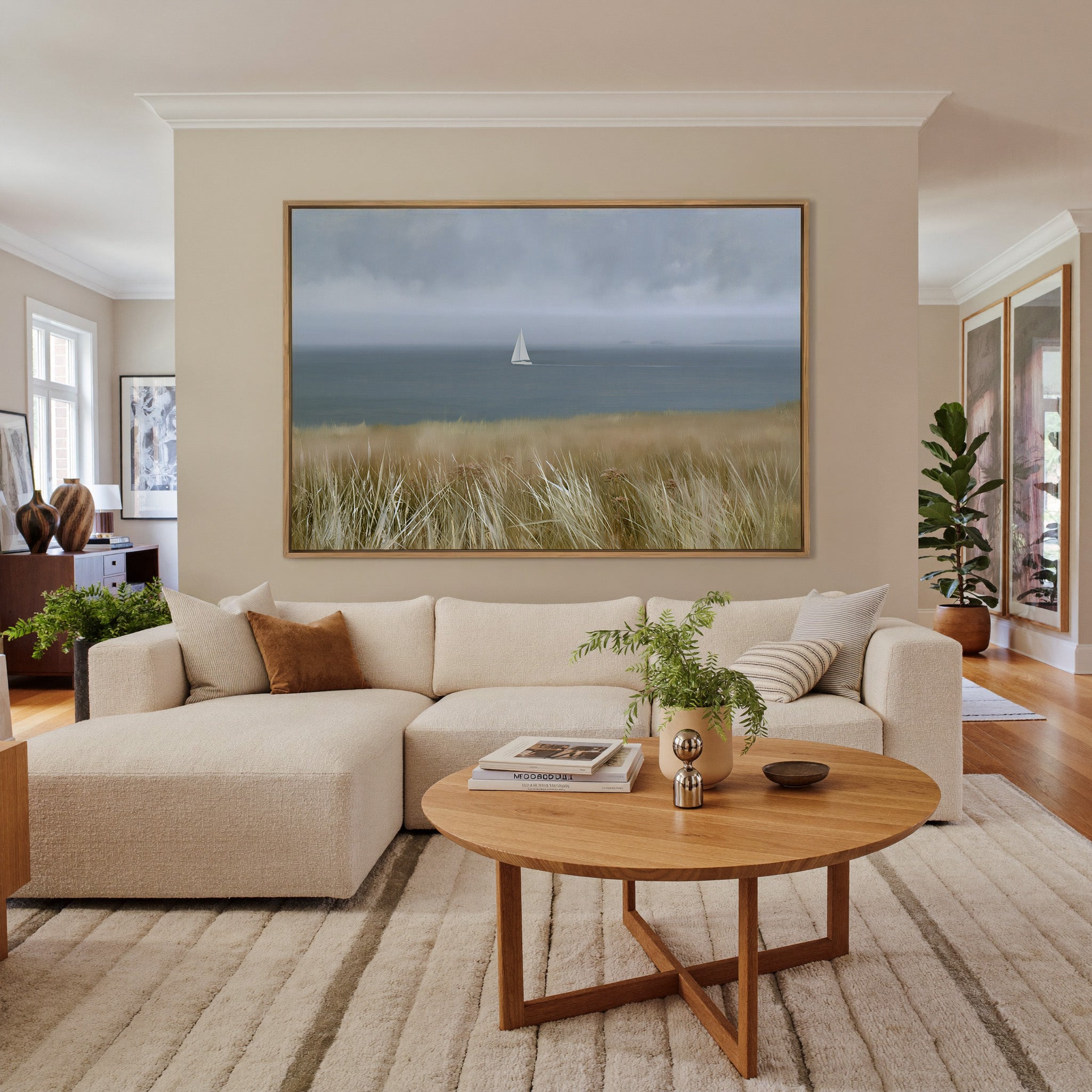 distant white sailboat on a gray blue sea canvas wall art in an oak frame in a living room