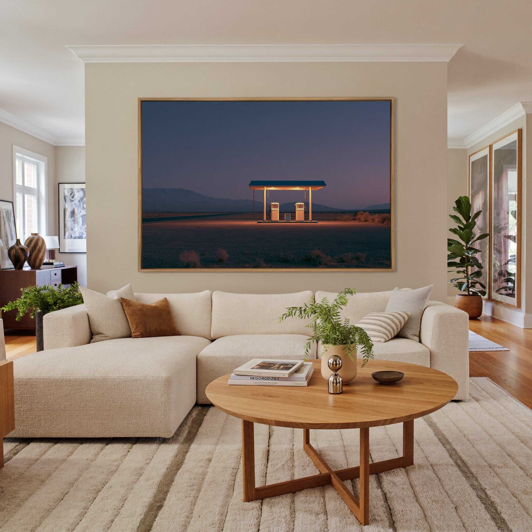 lonely desert gas station at blue hour canvas wall art in an oak frame in a living room
