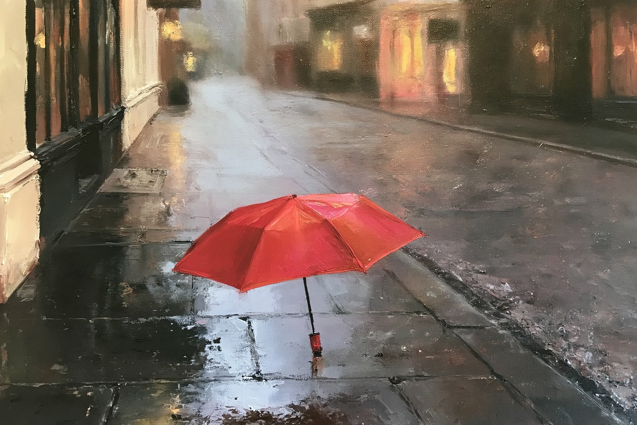 Rainy Side Street — Red Umbrella Canvas Wall Art