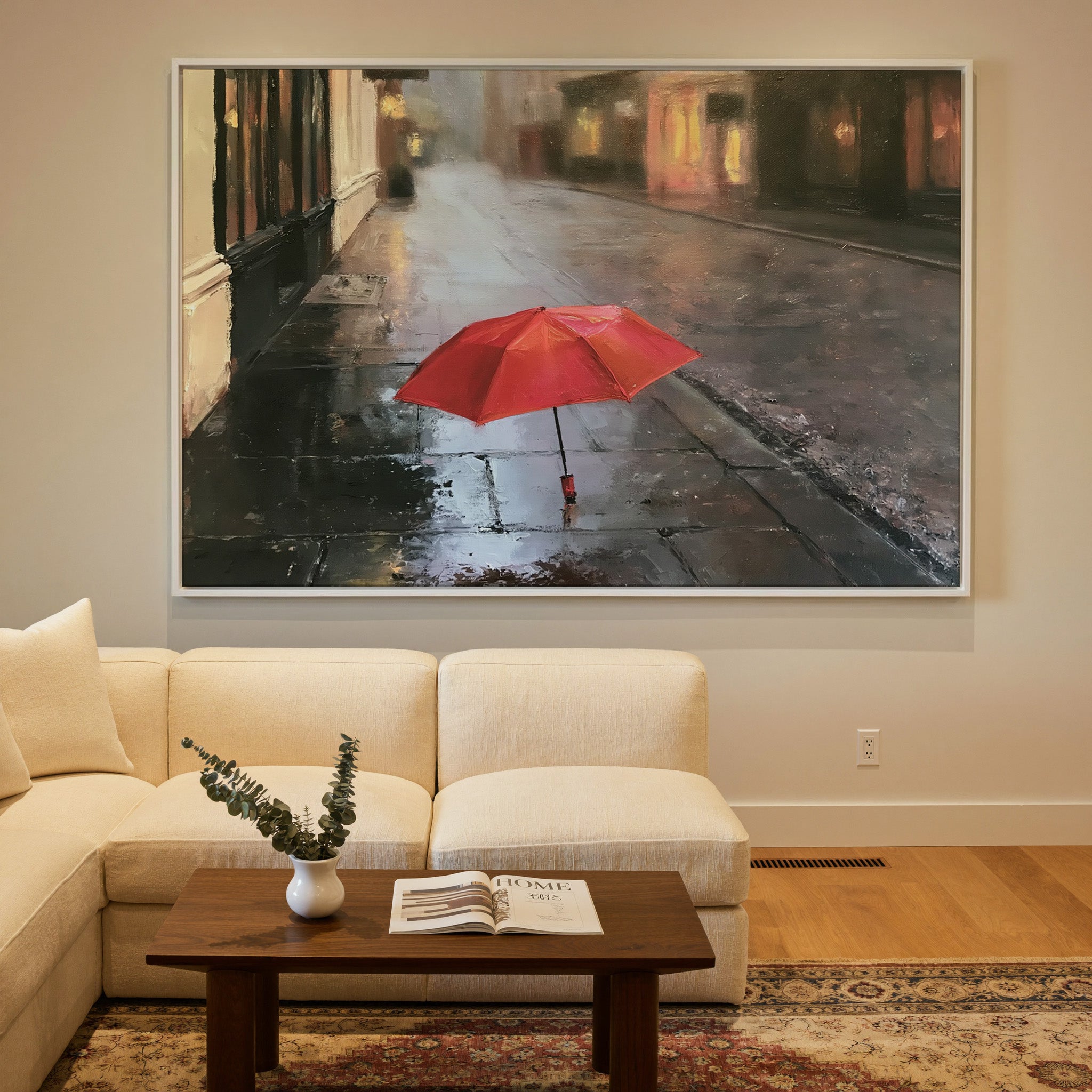 small red umbrella on a wet sidewalk canvas wall art in a white frame in a styled room setting