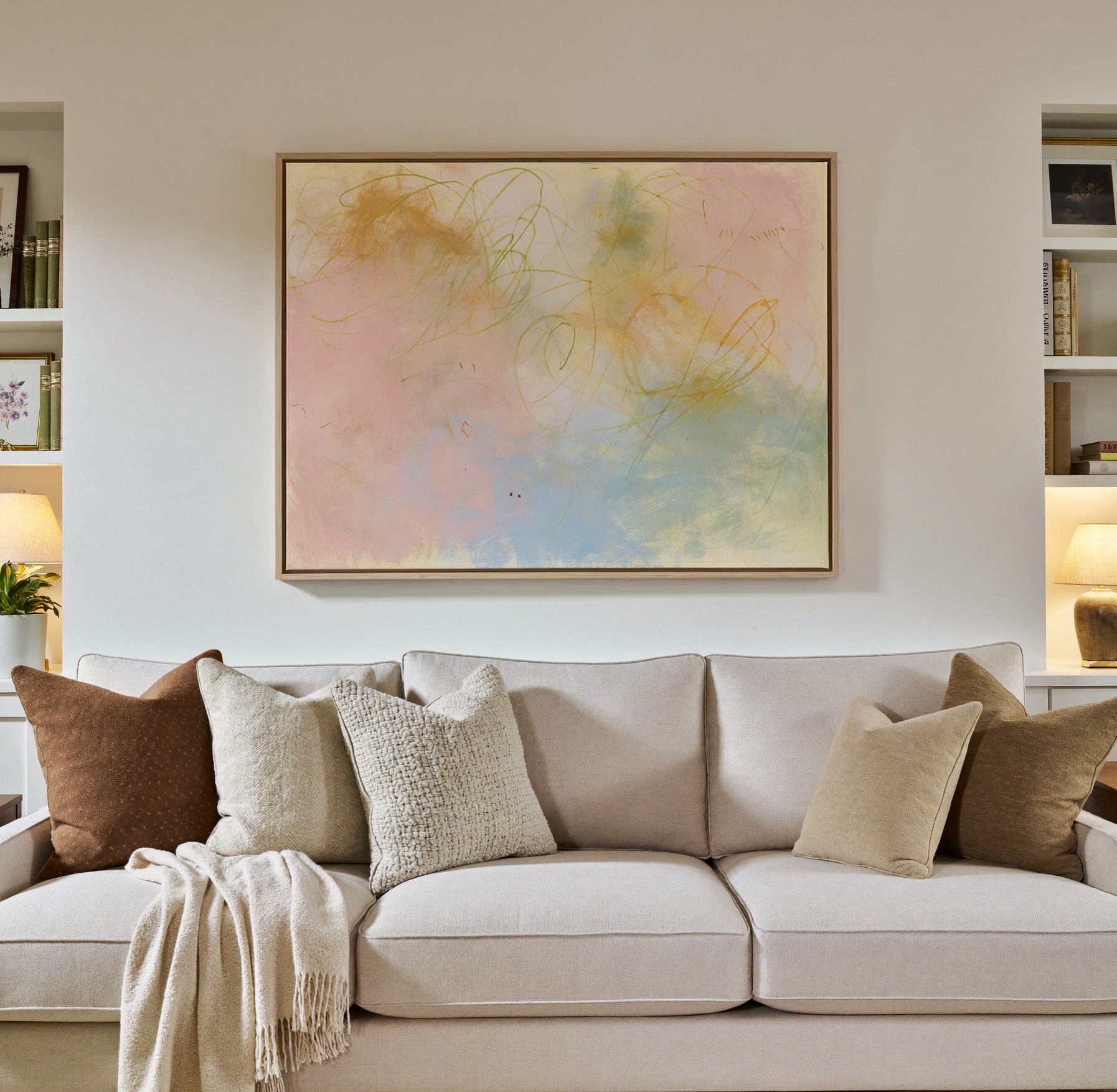 soft pastel abstract with looping lines canvas wall art in a natural wood frame in a styled room setting