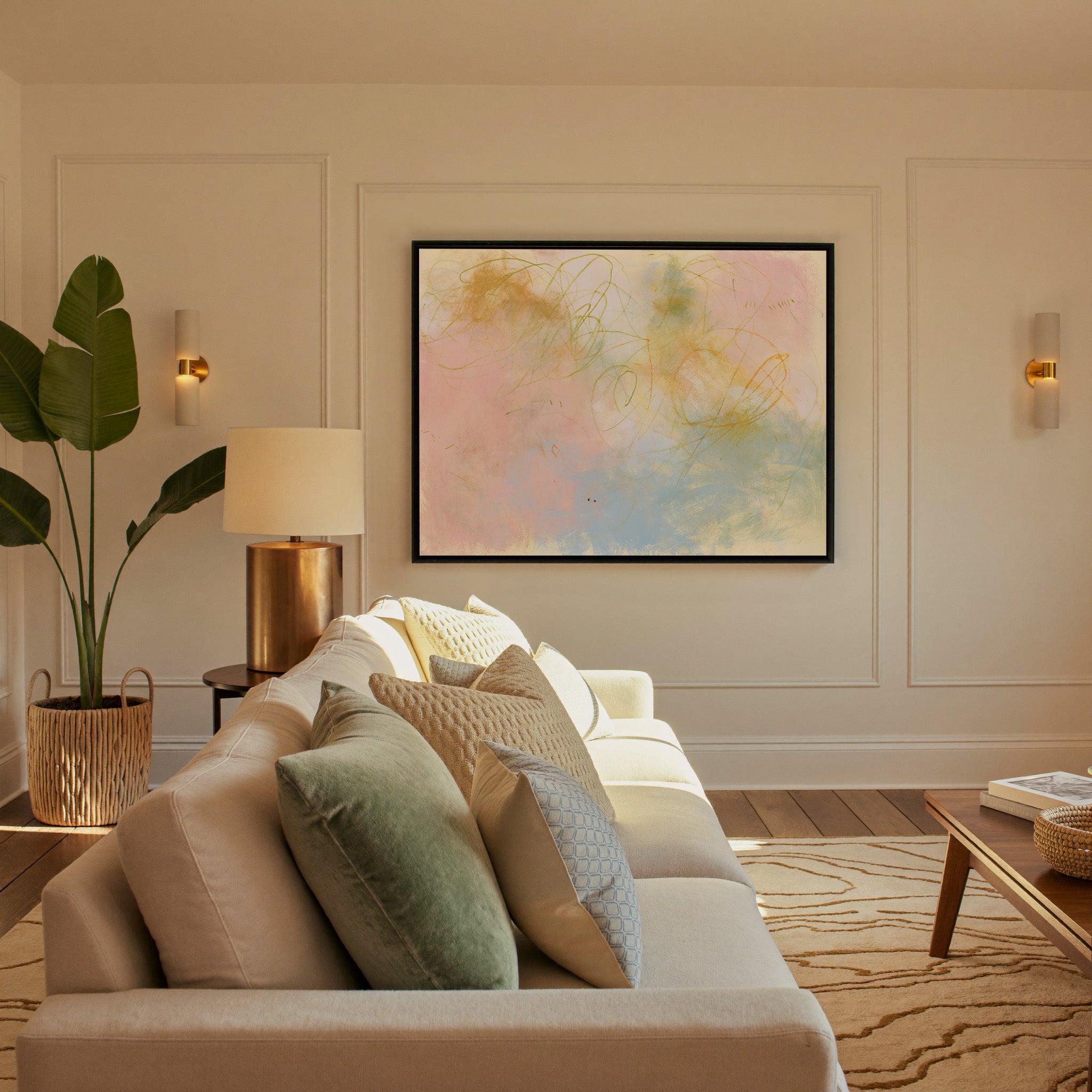 soft pastel abstract with looping lines canvas wall art in a black frame in a styled room setting