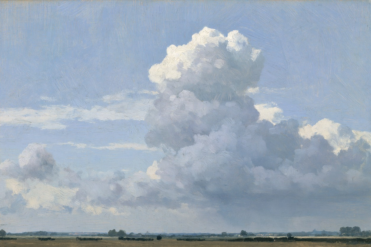 Towering white cloud above a narrow meadow band under a pale blue sky with clear color and shape detail