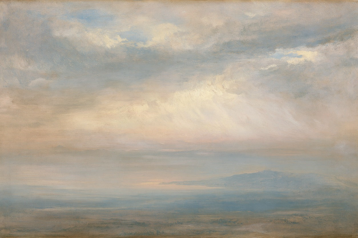 Pale cloud layers over sea mist and a low distant horizon in blue gray and cream