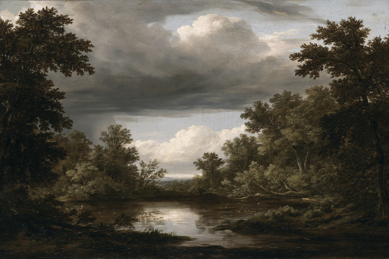 Dark woodland pool framed by trees beneath heavy gray storm clouds and reflected light
