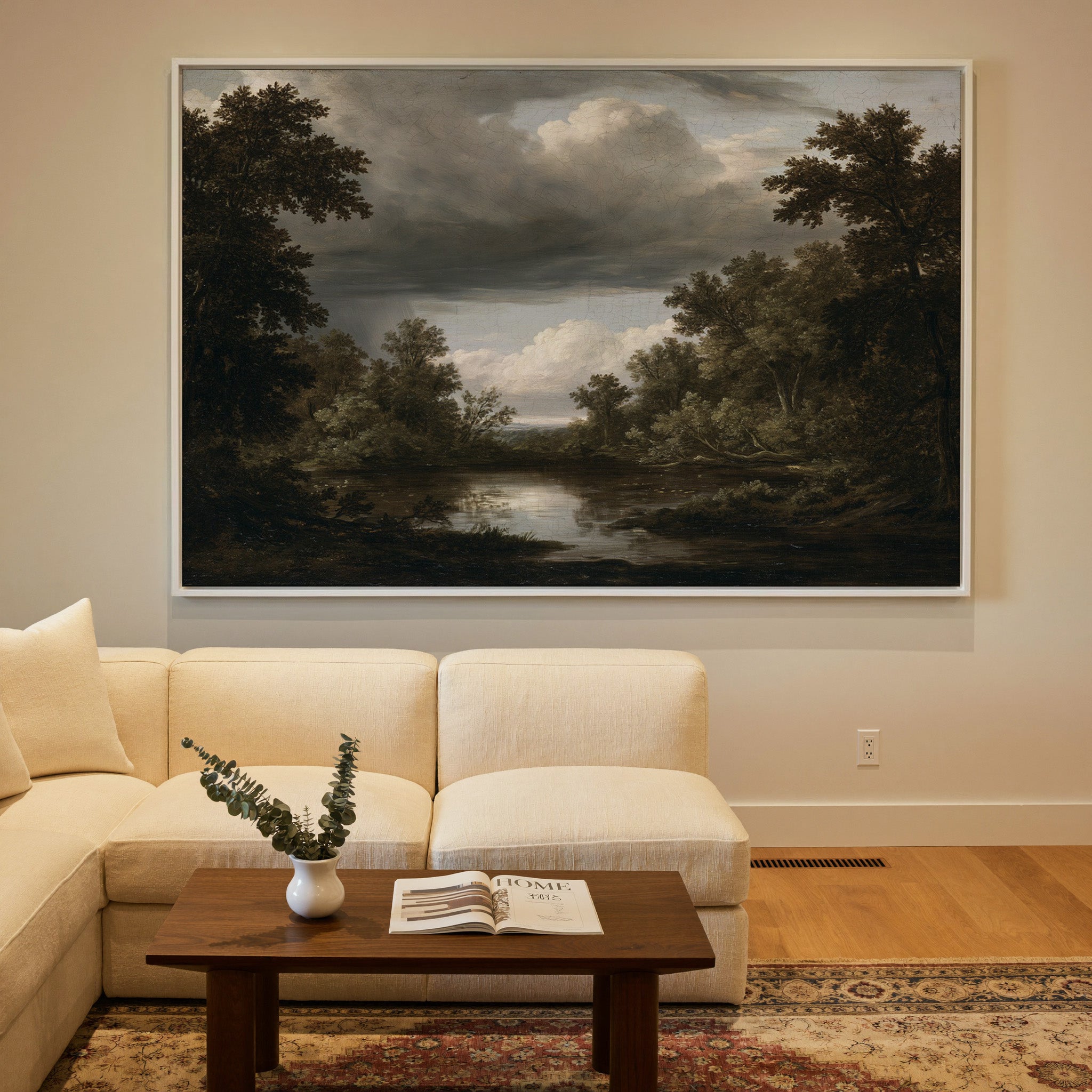 dark woodland pool under heavy storm clouds canvas wall art in a white frame in a styled room setting