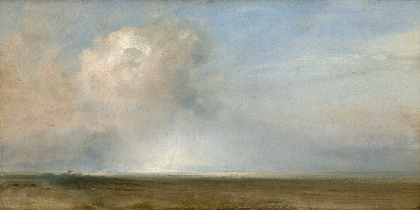 Single towering cumulus cloud over a low brown-green plain with a bright horizon line