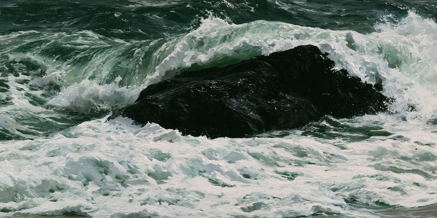 Dark Atlantic wave folding over a black rock, with white foam and deep green water around it