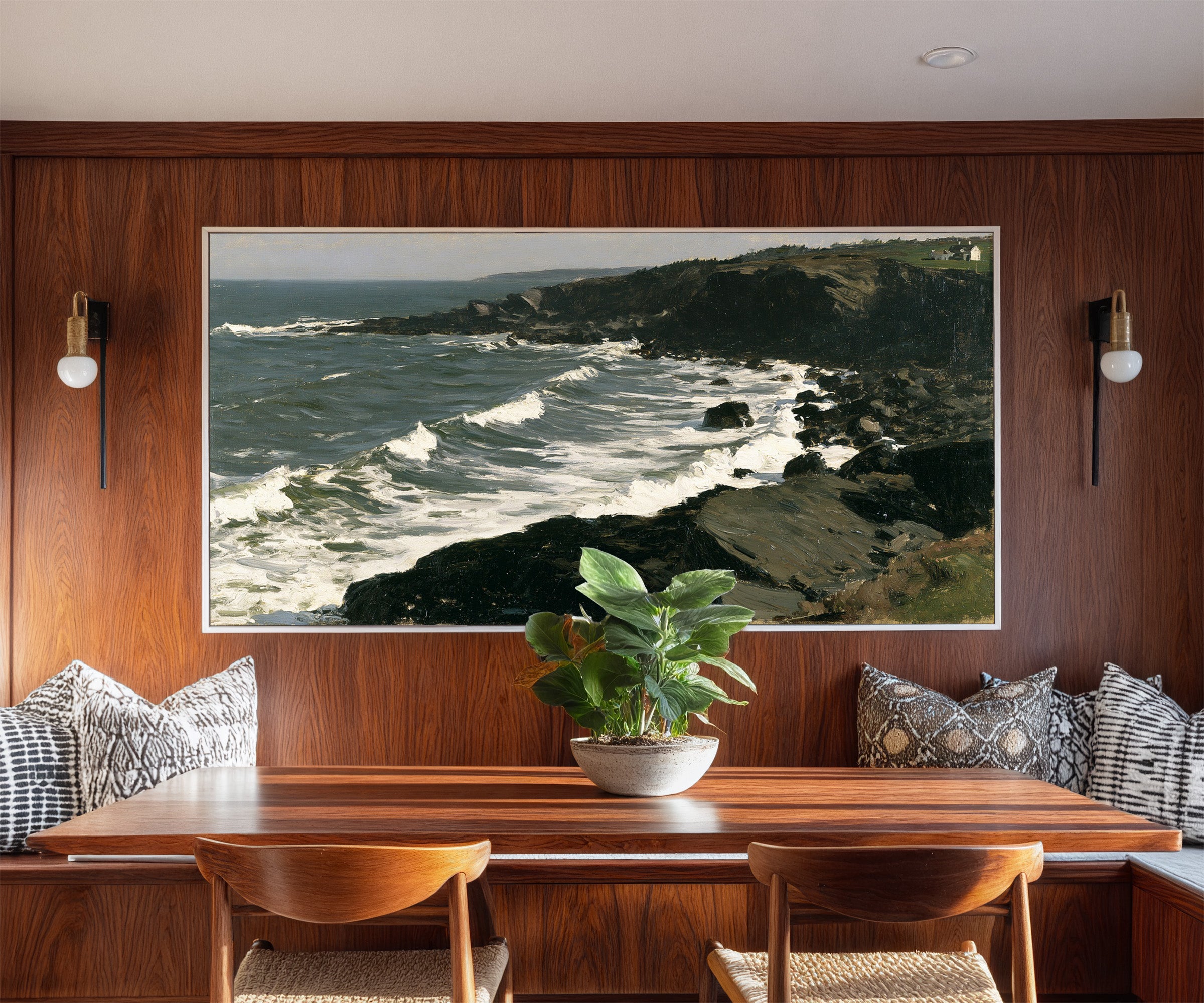 dark headland with white surf canvas wall art in a white frame in a styled room setting