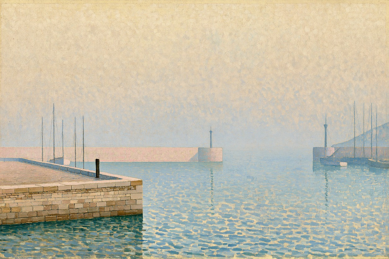 Stone pier, thin masts, and pale blue harbor water fading into soft haze