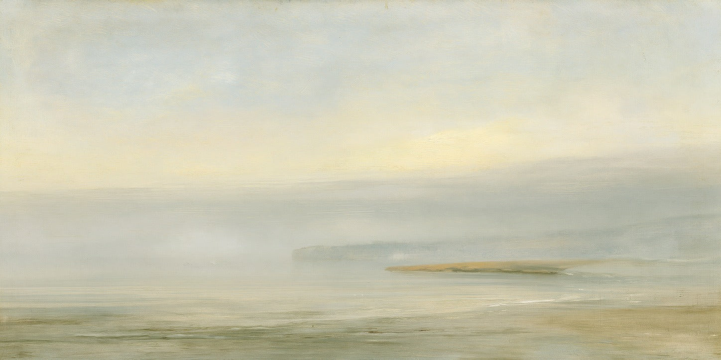 Faint headland over a pale sea with soft cream sky and low muted shoreline