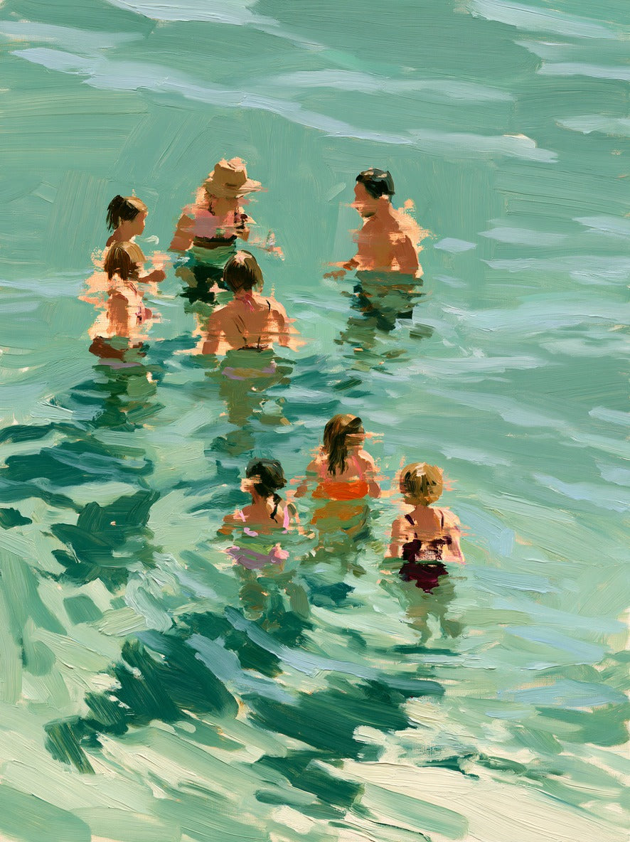 Shoreline Gathering — Bathers in Green Water Canvas Wall Art