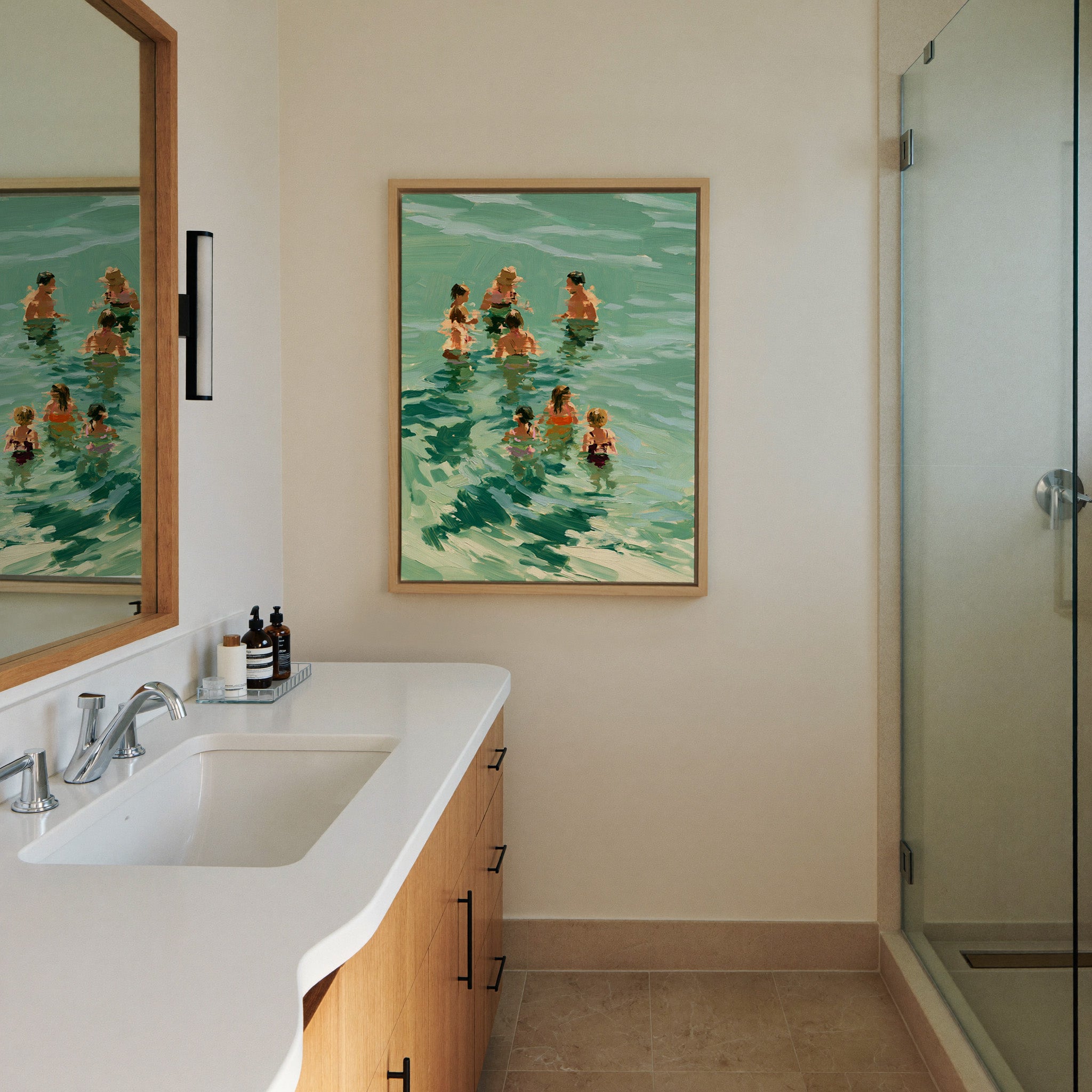 group of bathers in translucent green water canvas wall art in a natural wood frame in a styled room setting