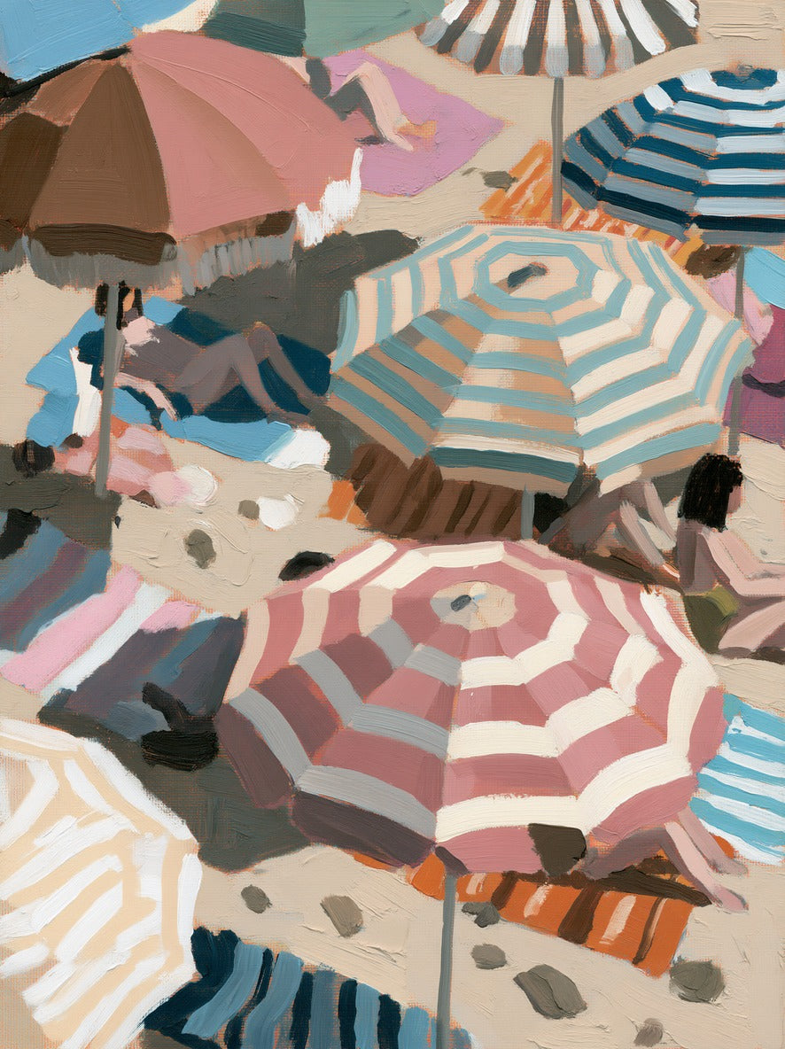 Striped beach umbrellas in pink, teal, navy, and cream overlap across pale sand