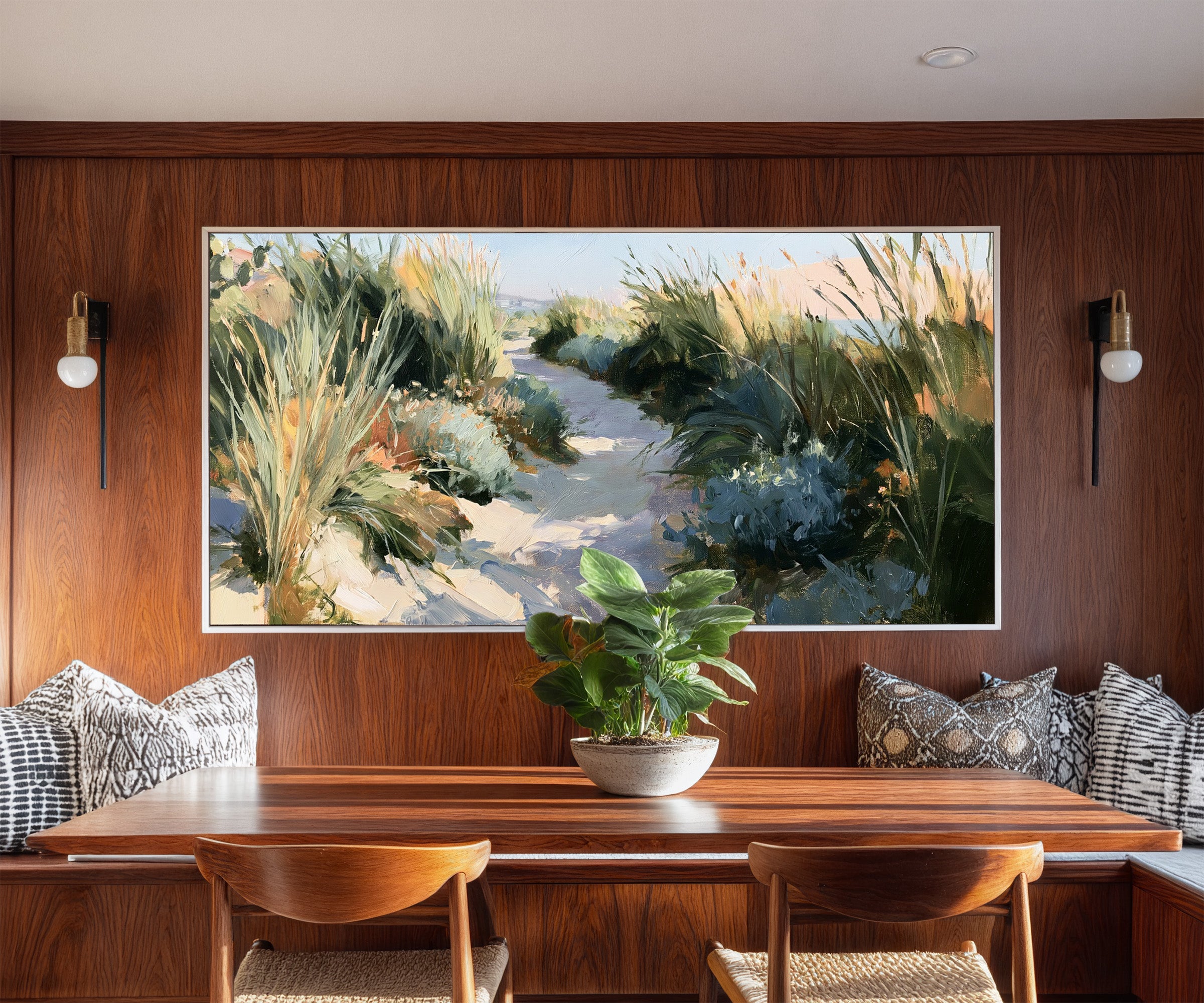 sandy path between tall coastal grasses canvas wall art in a white frame in a styled room setting