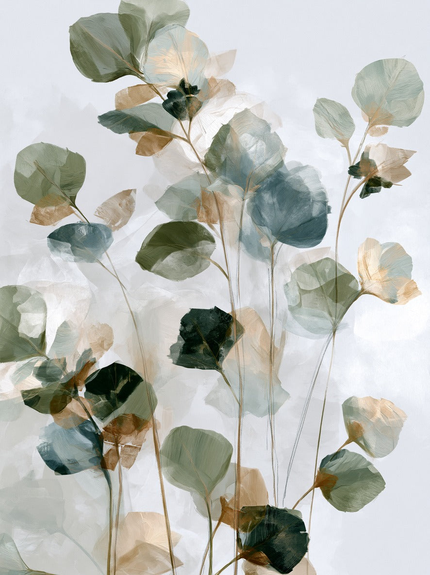 Eucalyptus-like leaves in sage, blue gray, cream, and tan on thin stems against a pale ground