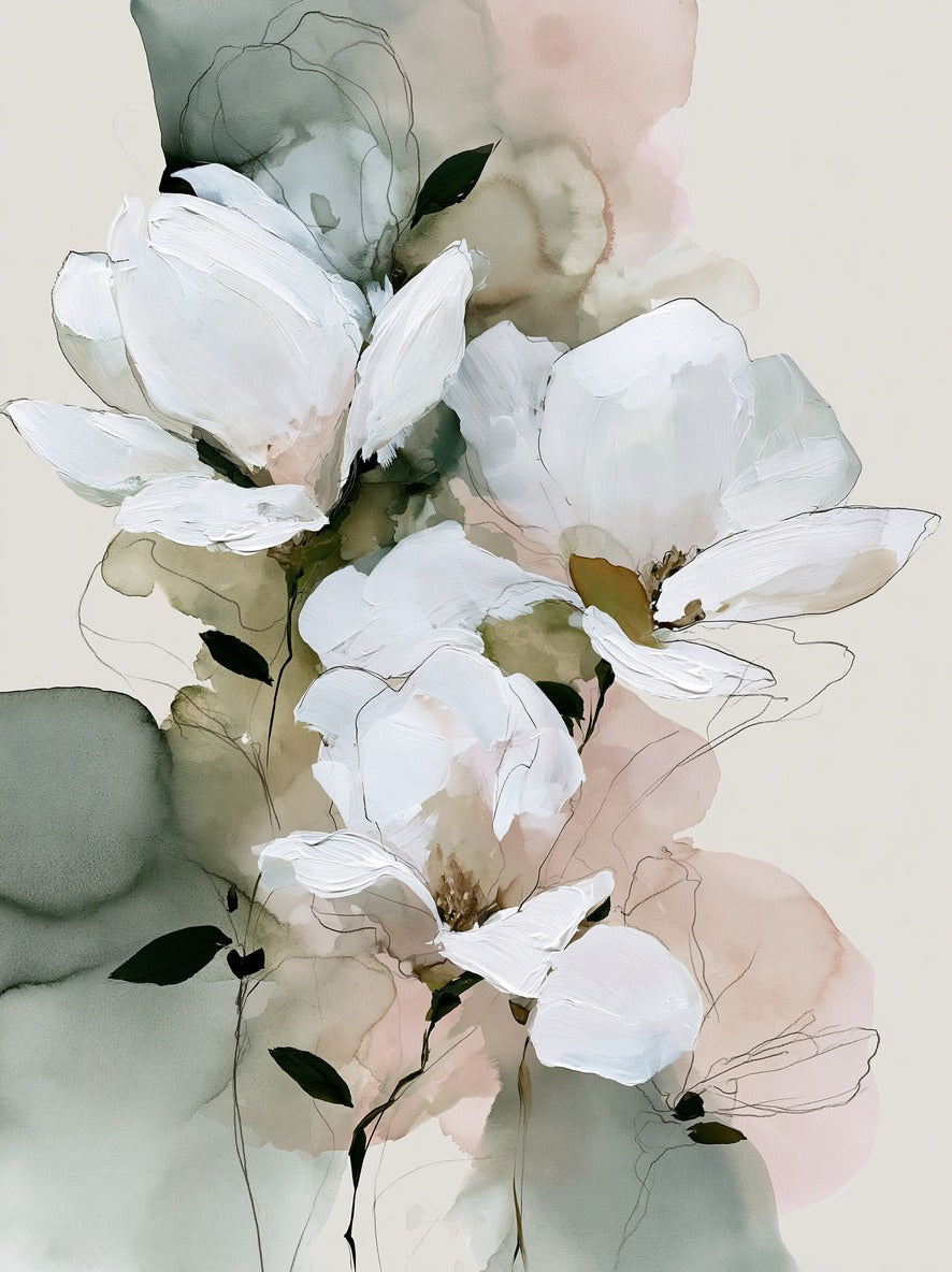 Petal Drift — White Floral Abstract Canvas Wall Art