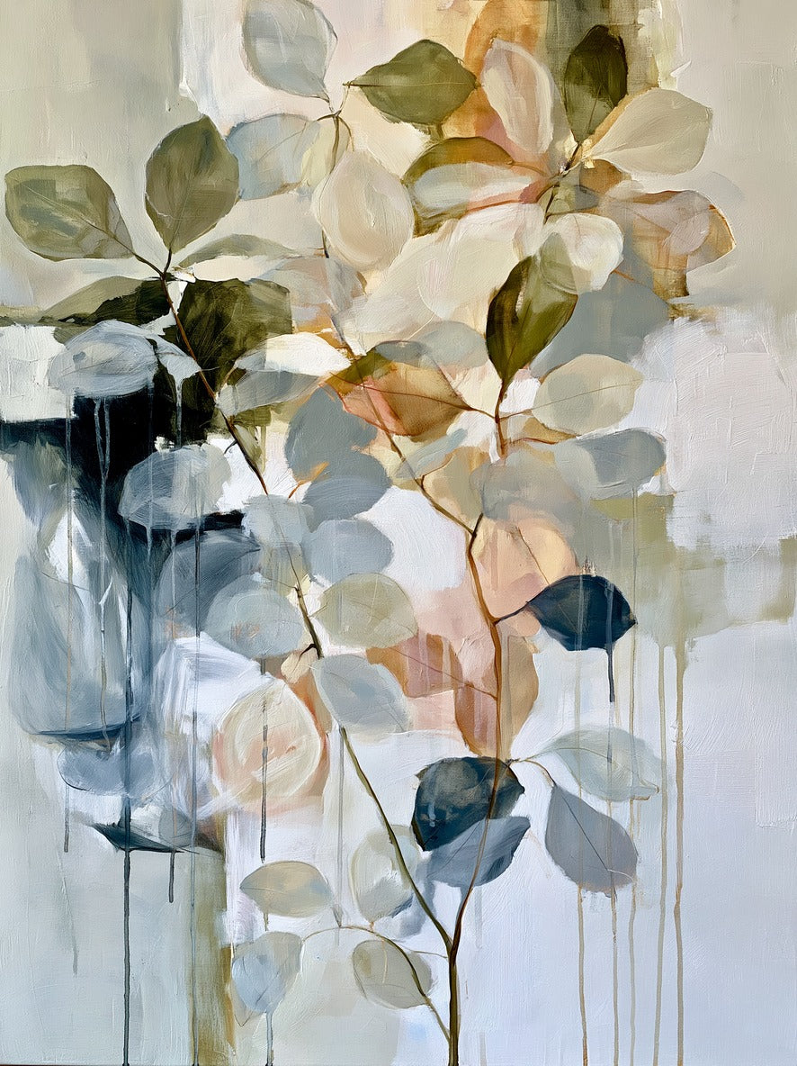 Cream, sage, and blue gray leaves branch upward across a pale ground with soft peach layers