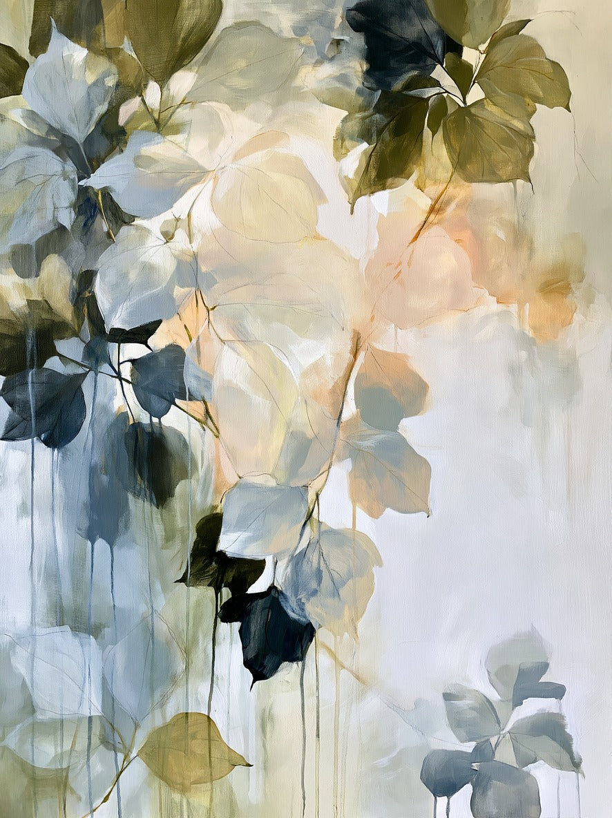 Layered leaf forms in blue gray, sage, cream, and peach drifting across a pale ground