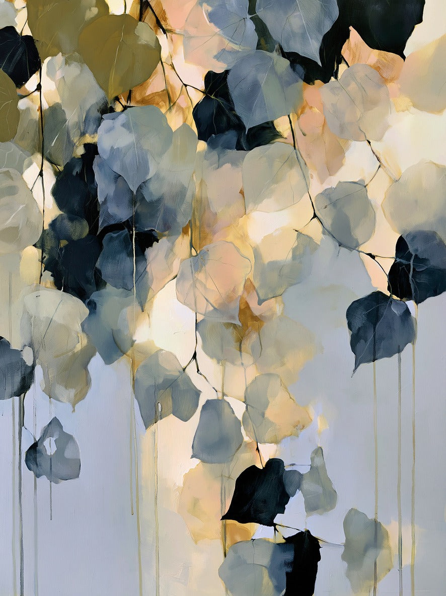 Hanging leaf shapes in blue gray, cream, black, and gold over a pale ground