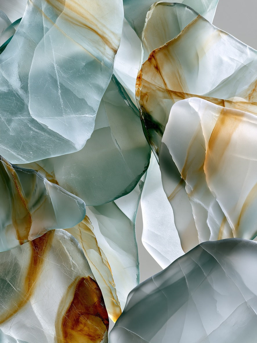 Overlapping sea glass shapes in pale aqua, white, and amber on a light ground
