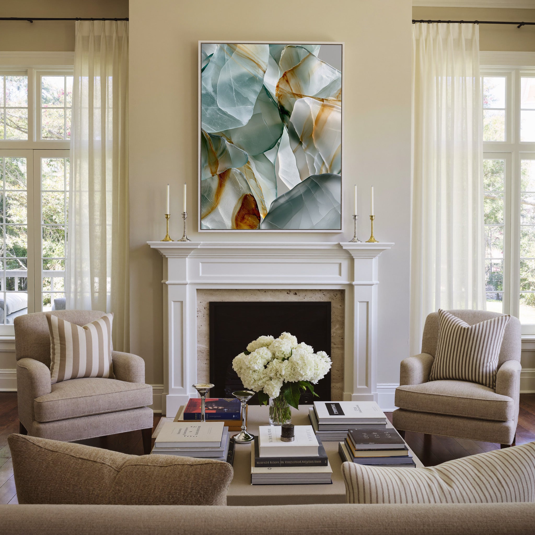 soft sea glass abstract with pale aqua, white, canvas wall art in a white frame above a mantel