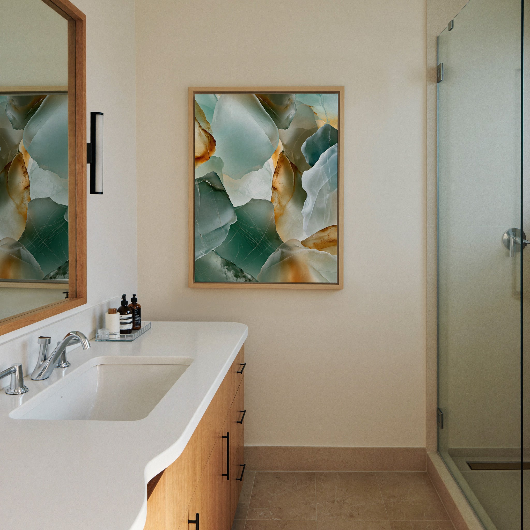 sea glass abstract in aqua, sage, white, and canvas wall art in a natural wood frame in a styled room setting