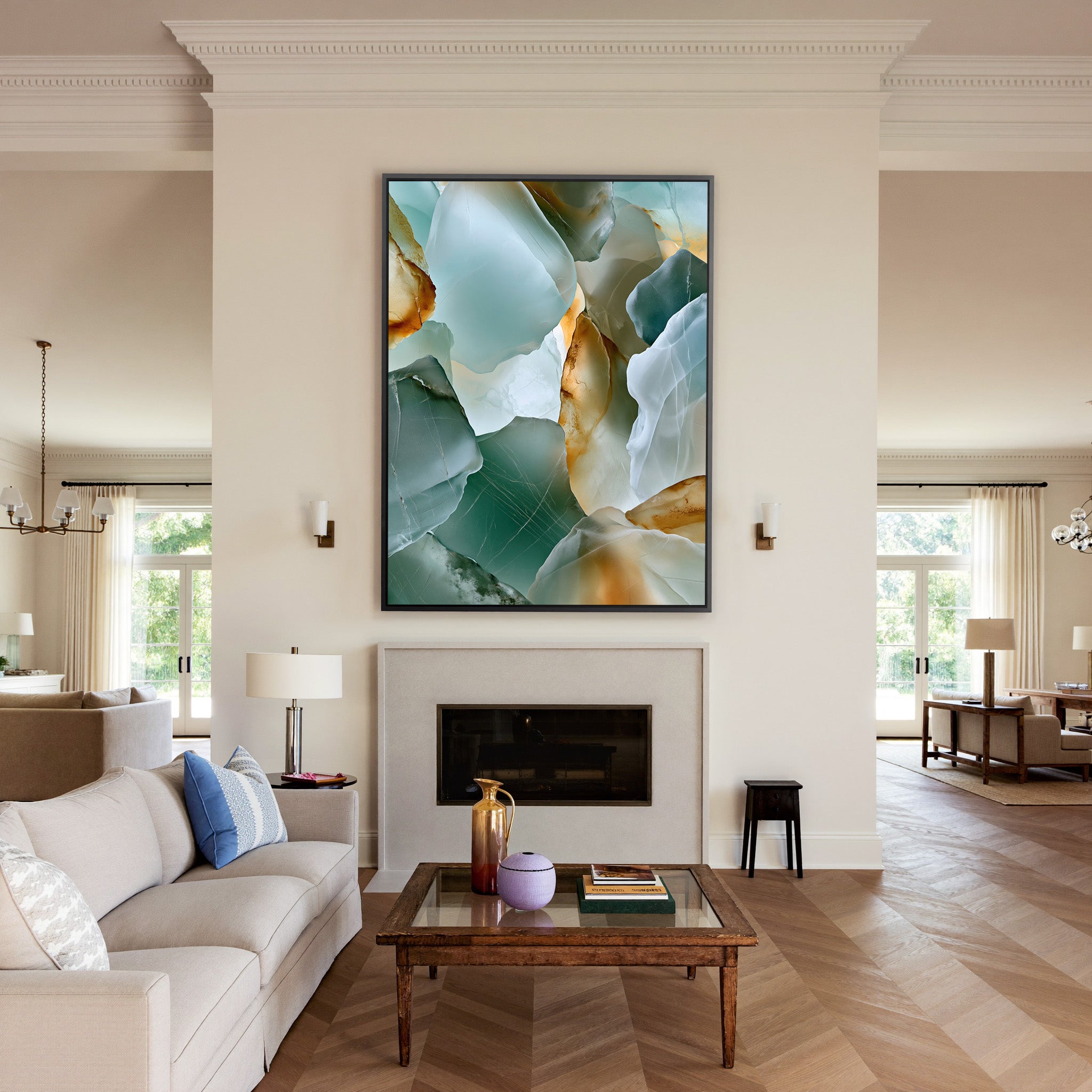 sea glass abstract in aqua, sage, white, and canvas wall art in a black frame above a mantel