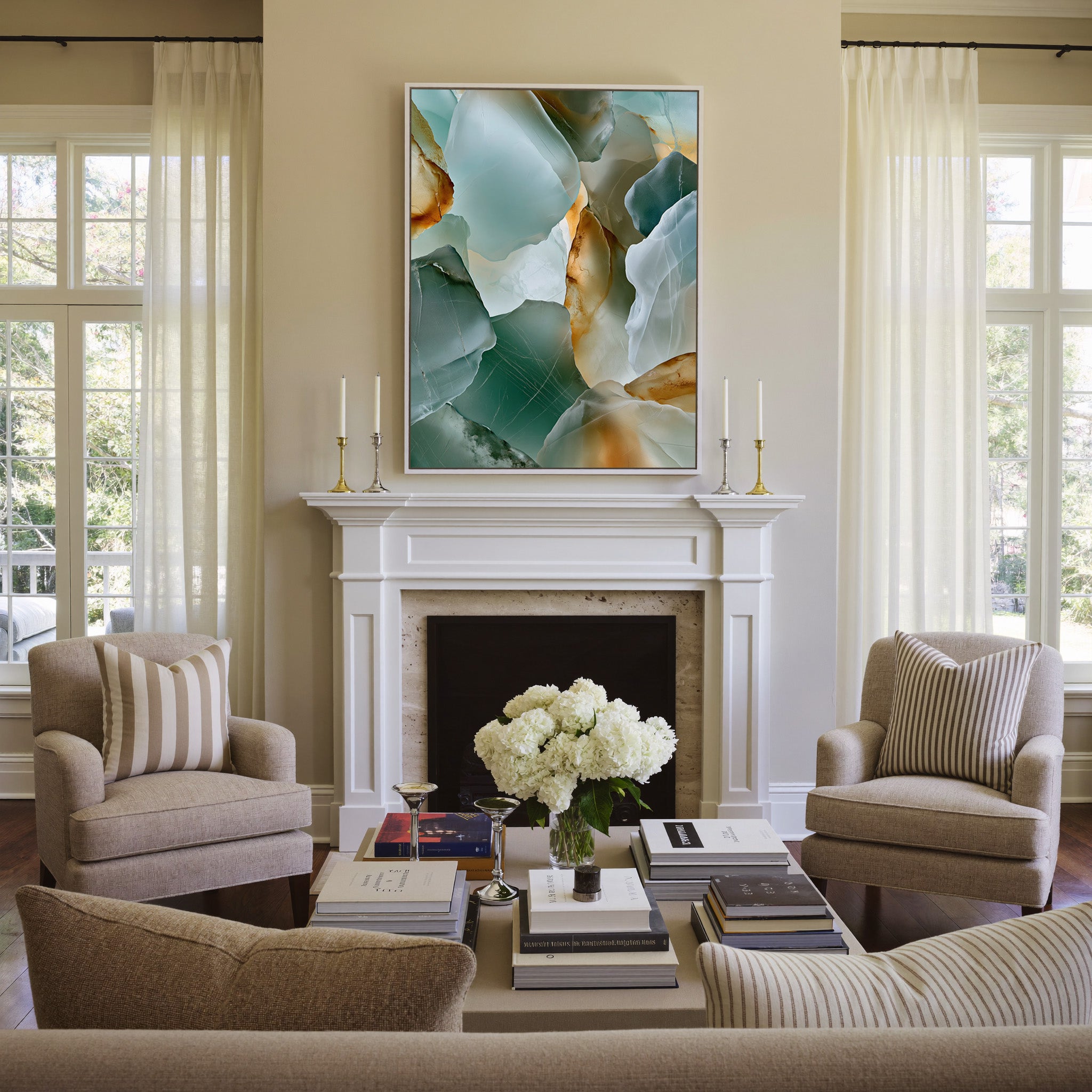sea glass abstract in aqua, sage, white, and canvas wall art in a white frame above a mantel