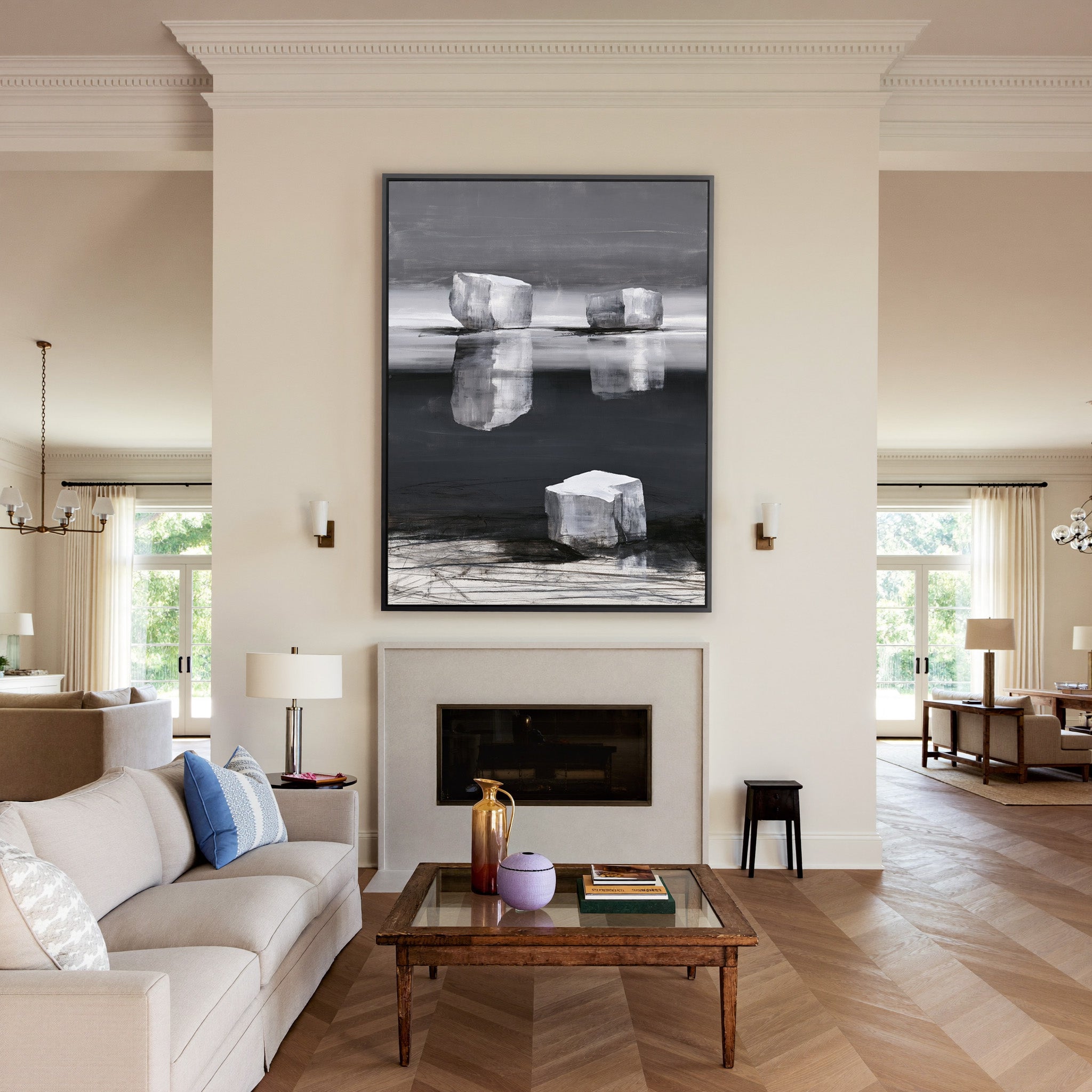 monochrome abstract with pale limestone blocks canvas wall art in a black frame above a mantel
