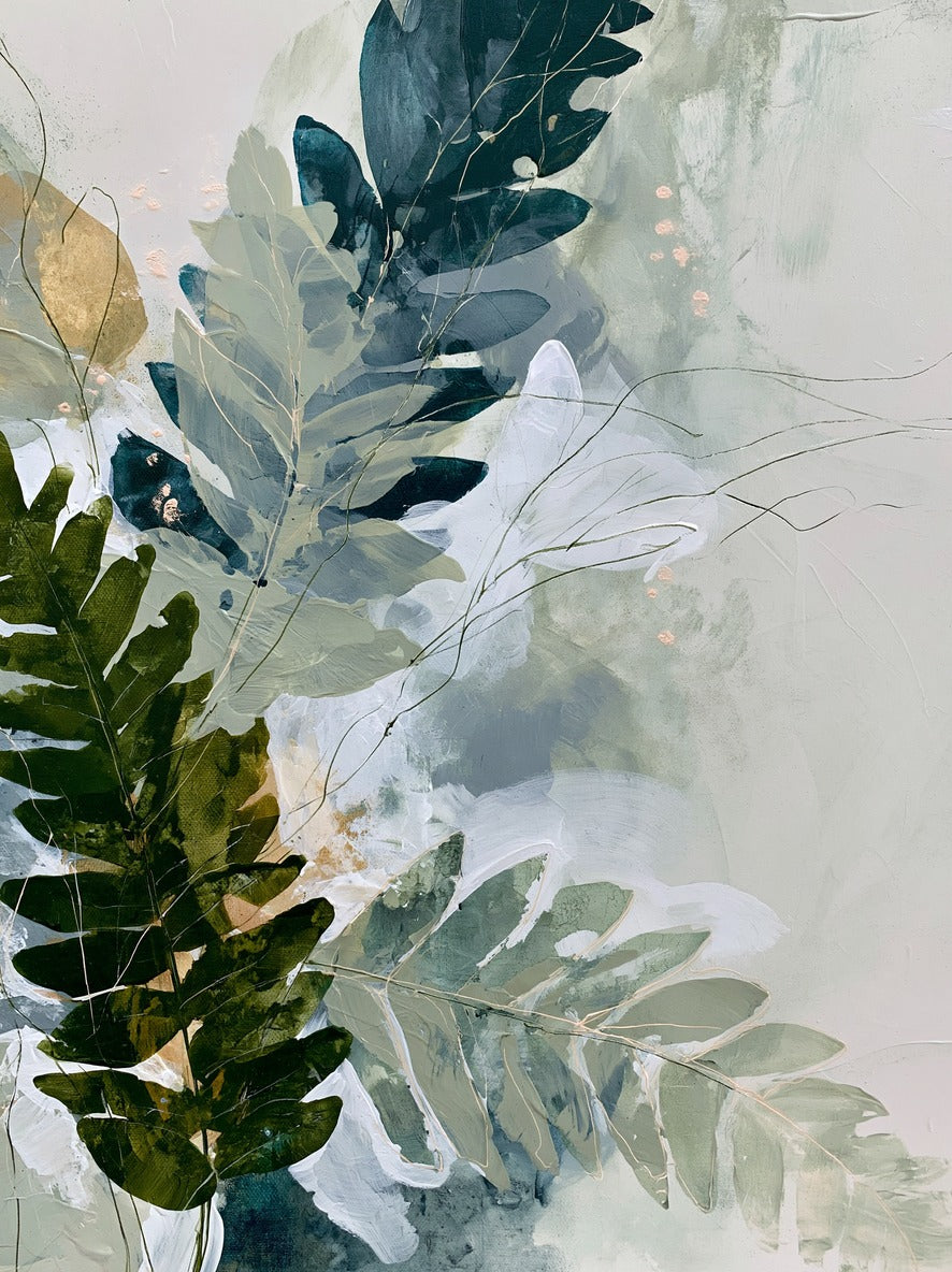 Layered fern leaves in sage, moss, slate blue, and white across a pale ground