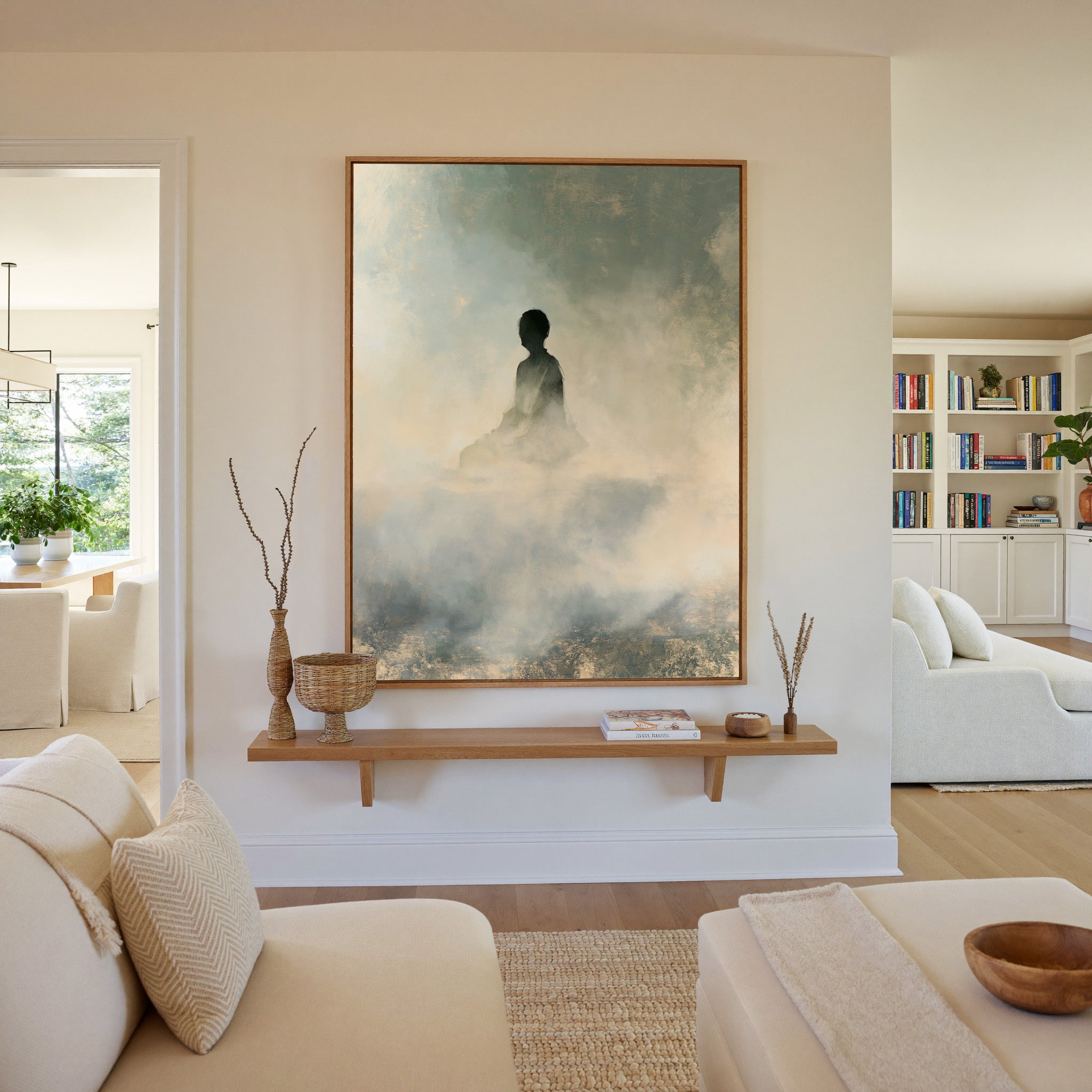 soft gray and cream seated silhouette canvas wall art in an oak frame in a living room