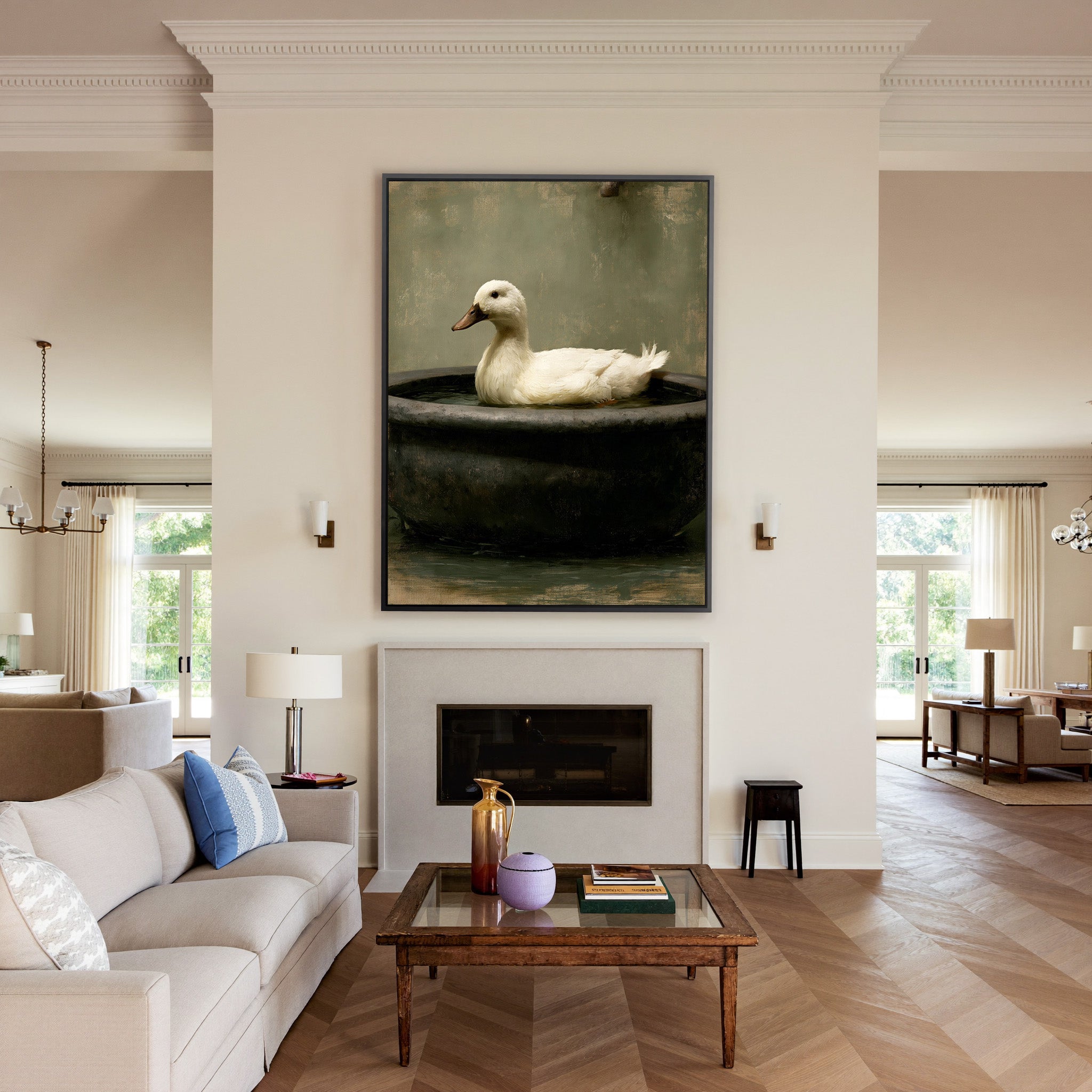 small white duck in a dark basin canvas wall art in a black frame above a mantel