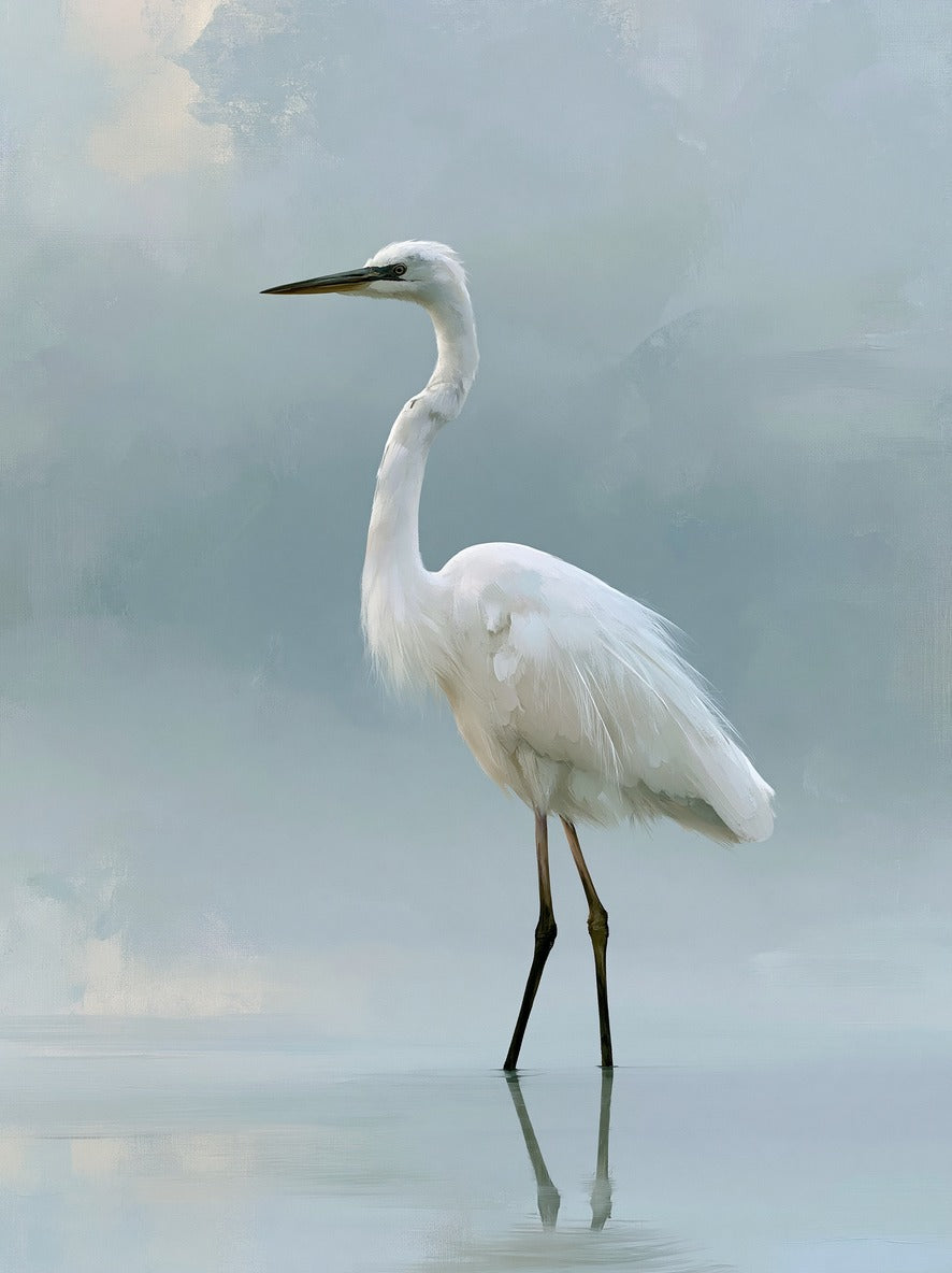 White heron standing in pale reflective water with a soft blue-gray background