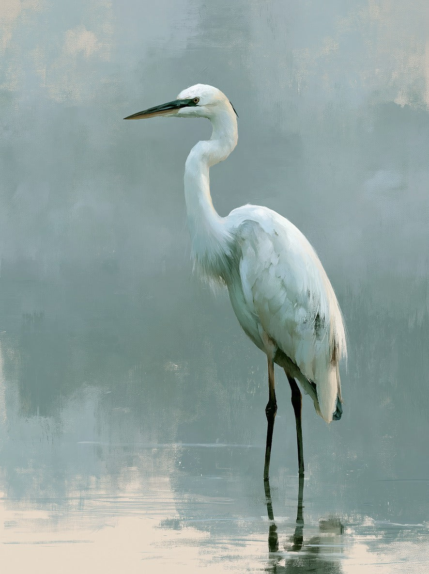 White heron standing in pale reflective water with a soft blue-gray background