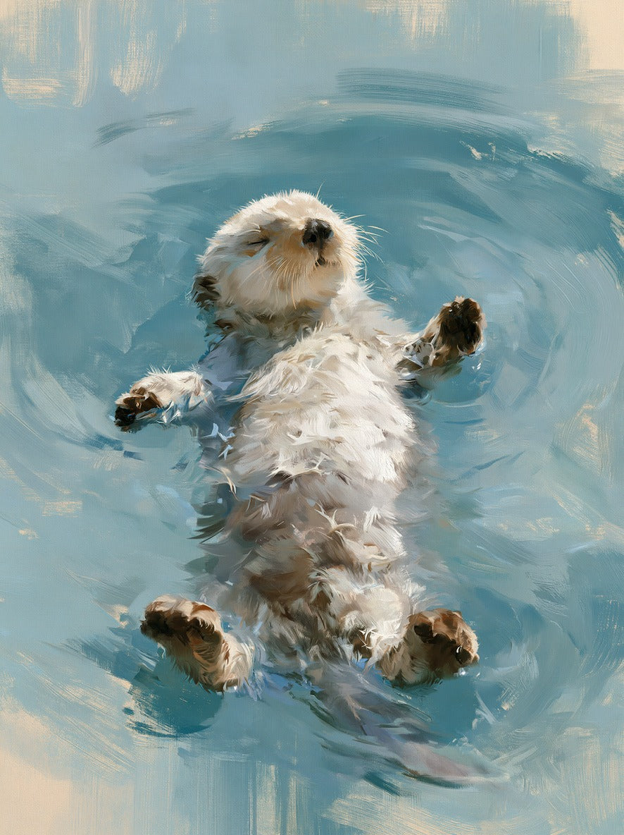 Otter floating on its back in pale blue water with cream fur and dark paws