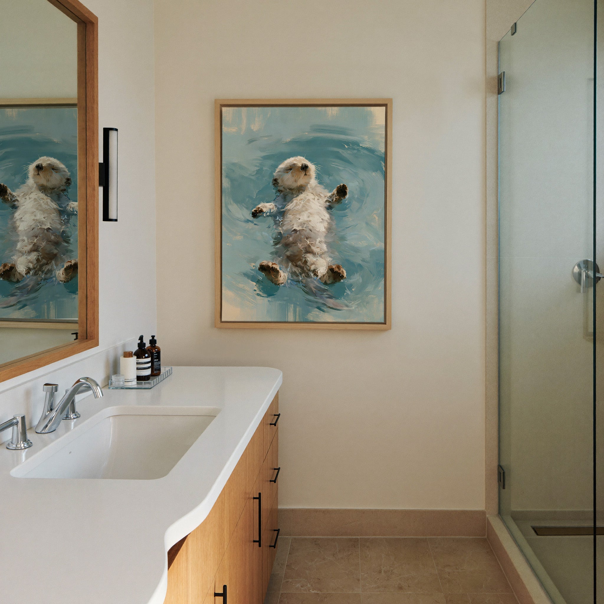 small otter floating on its back in soft gray canvas wall art in a natural wood frame in a styled room setting