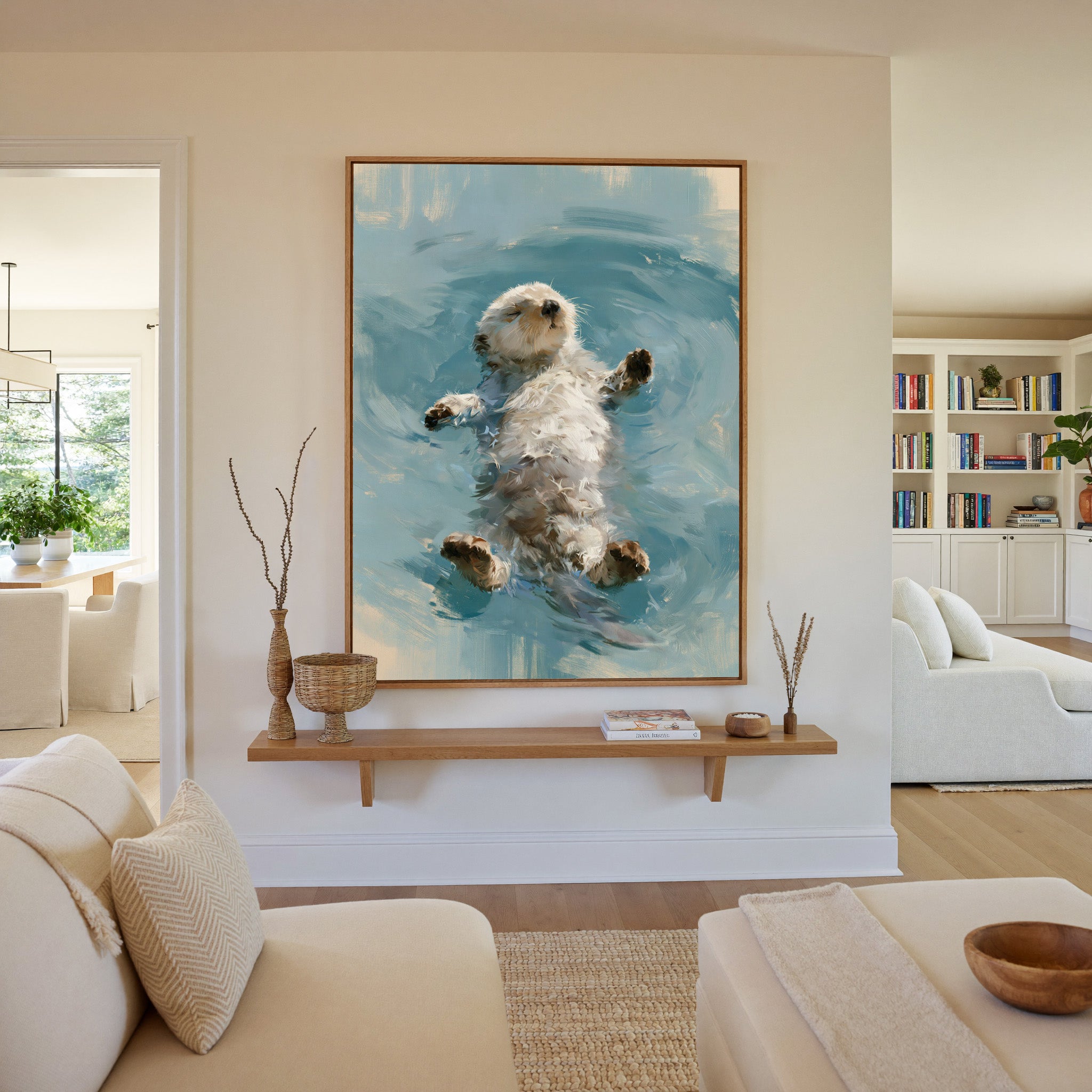 small otter floating on its back in soft gray canvas wall art in an oak frame in a living room