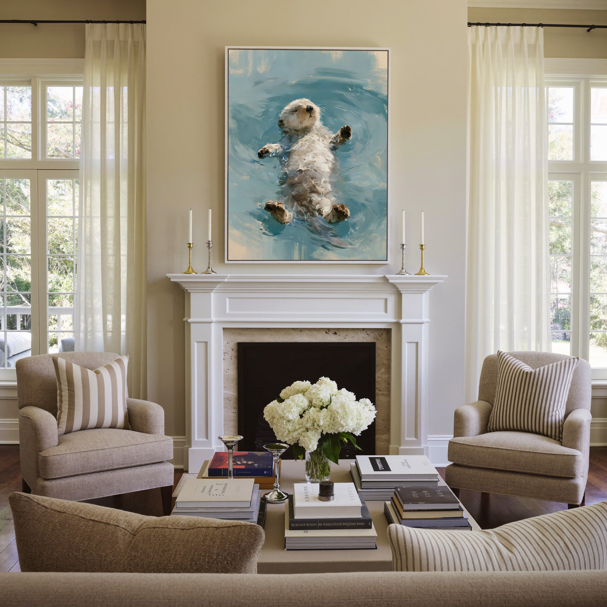 small otter floating on its back in soft gray canvas wall art in a white frame above a mantel