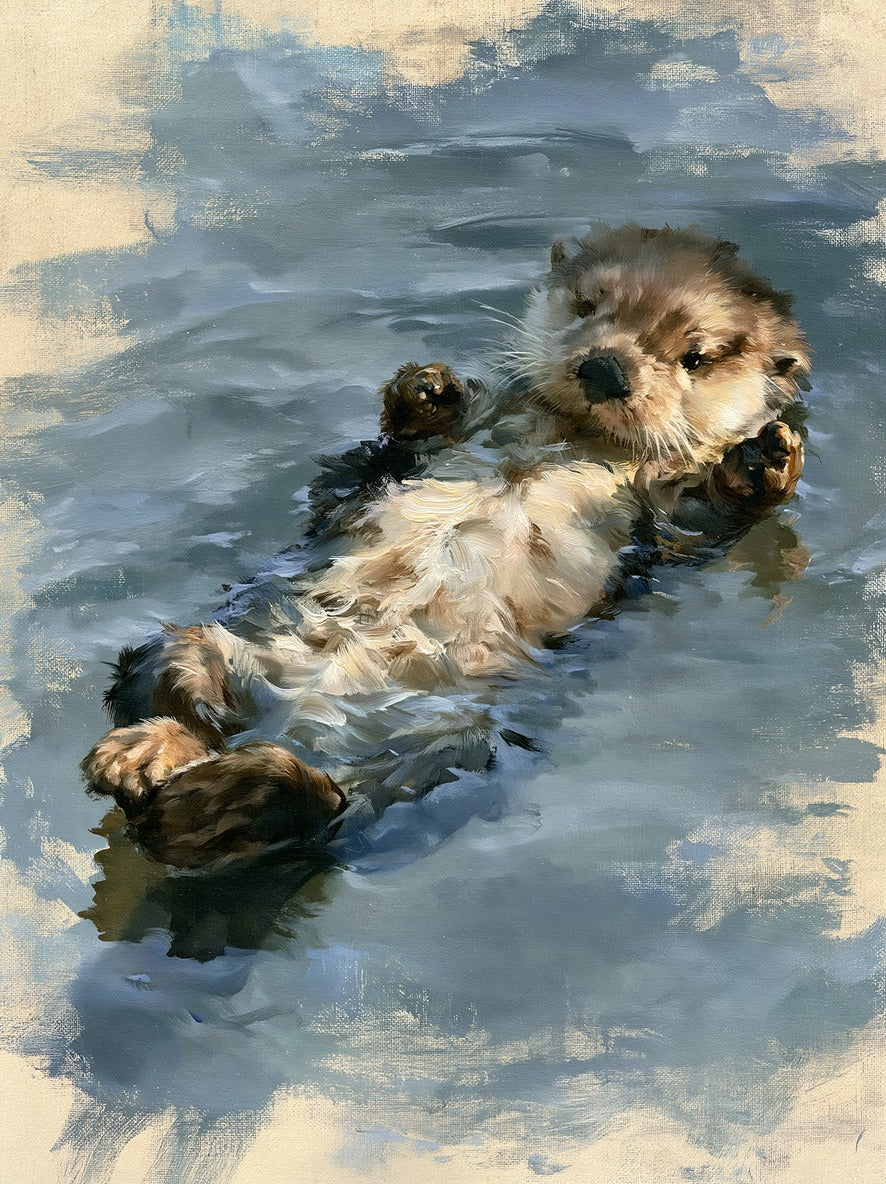 Otter floating on its back in soft blue-gray water with pale reflections at the edges