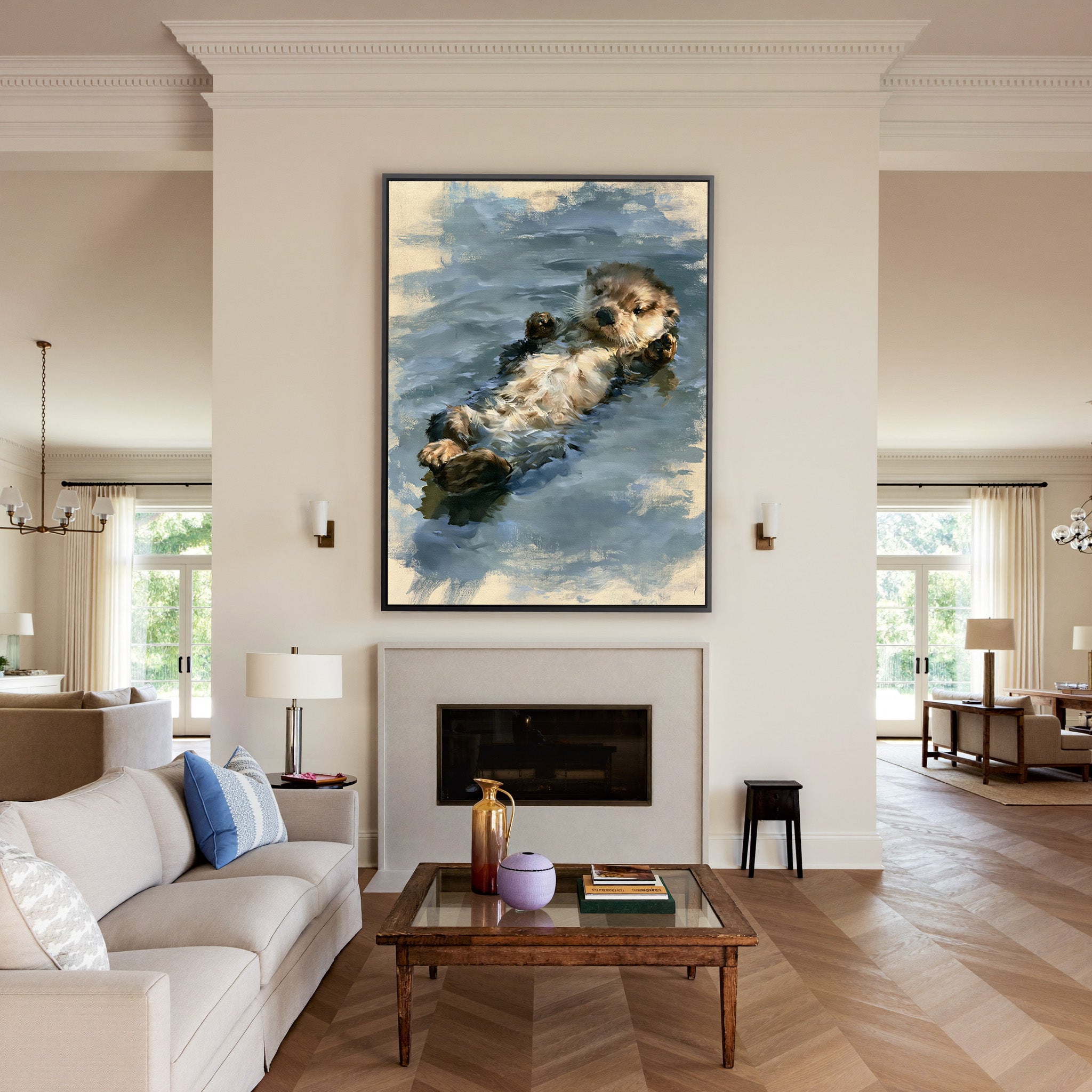 small otter floating on its back in soft grey canvas wall art in a black frame above a mantel