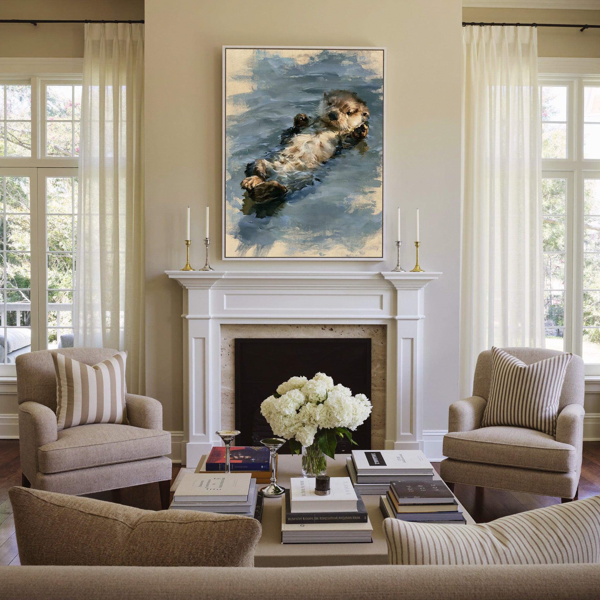 small otter floating on its back in soft grey canvas wall art in a white frame above a mantel