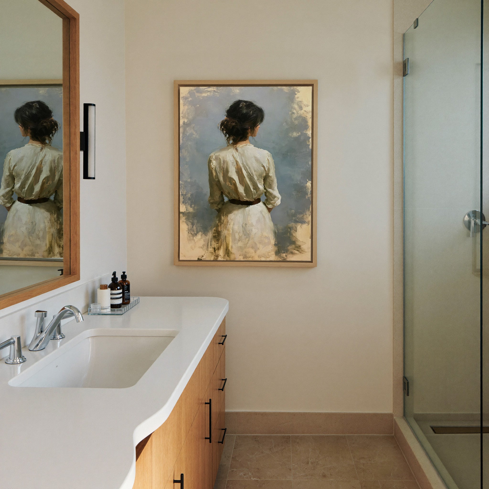 rear view woman in a white dress canvas wall art in a natural wood frame in a styled room setting