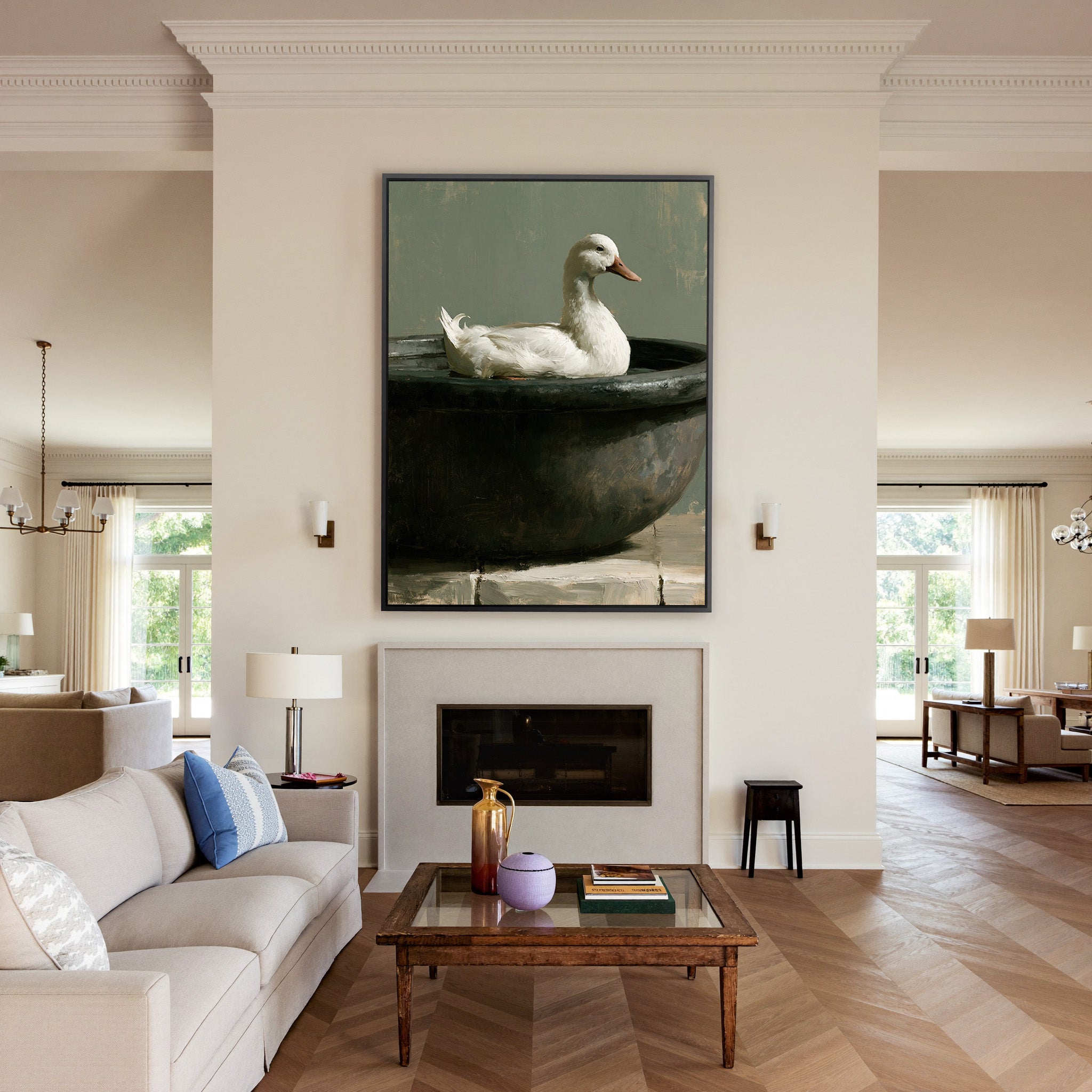 white duck in a dark round basin canvas wall art in a black frame above a mantel