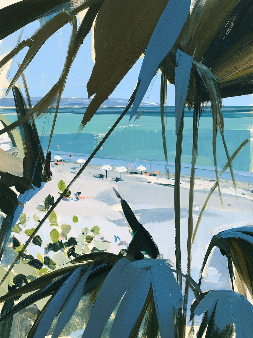 Dark palm fronds framing a bright beach, turquoise water, and small umbrellas below a low horizon