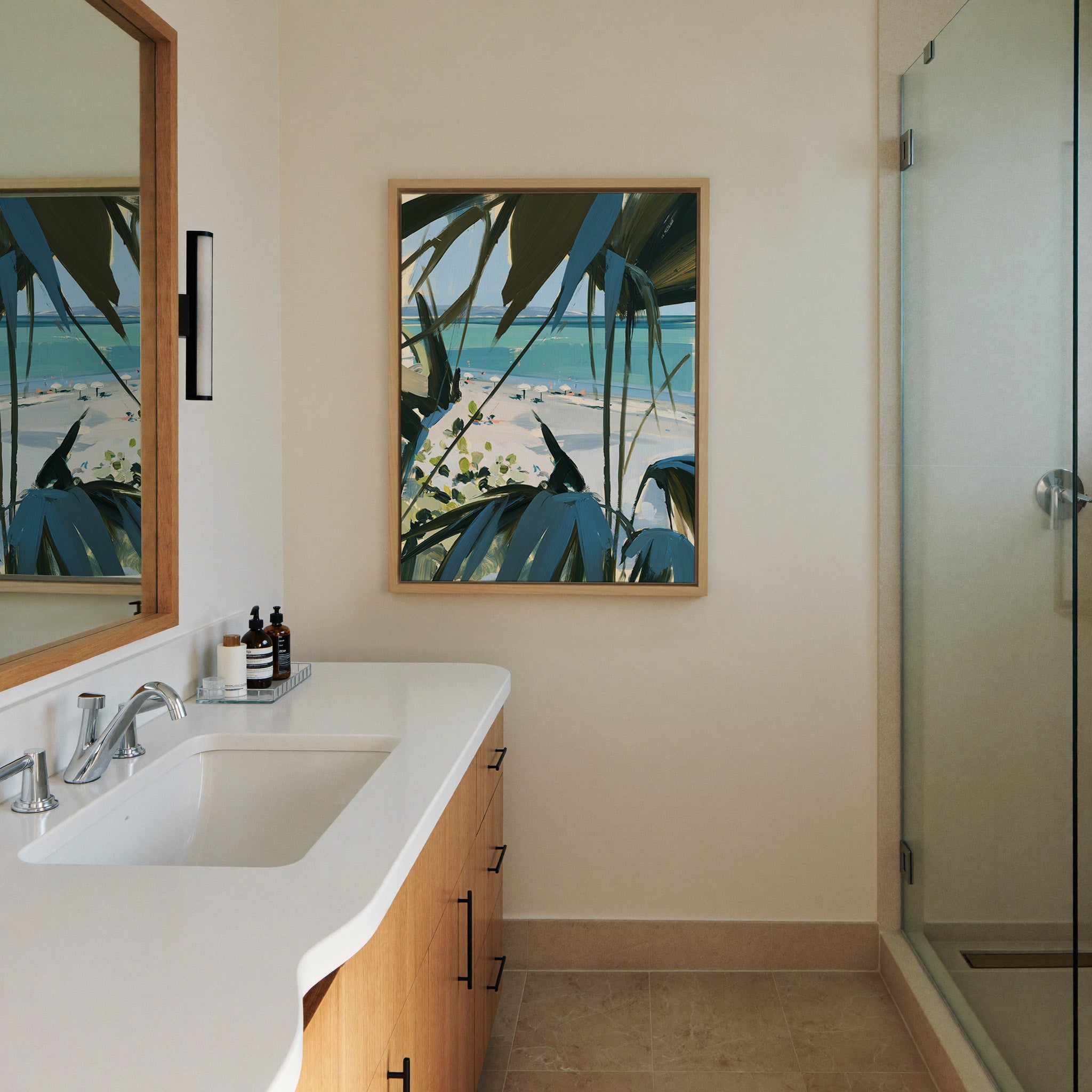 beach view through dark palm fronds canvas wall art in a natural wood frame in a styled room setting