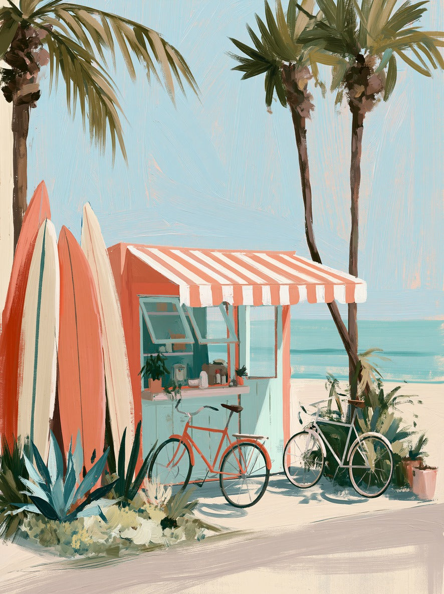 Coral beach kiosk with striped awning, surfboards, bicycles, palms, and pale blue sea