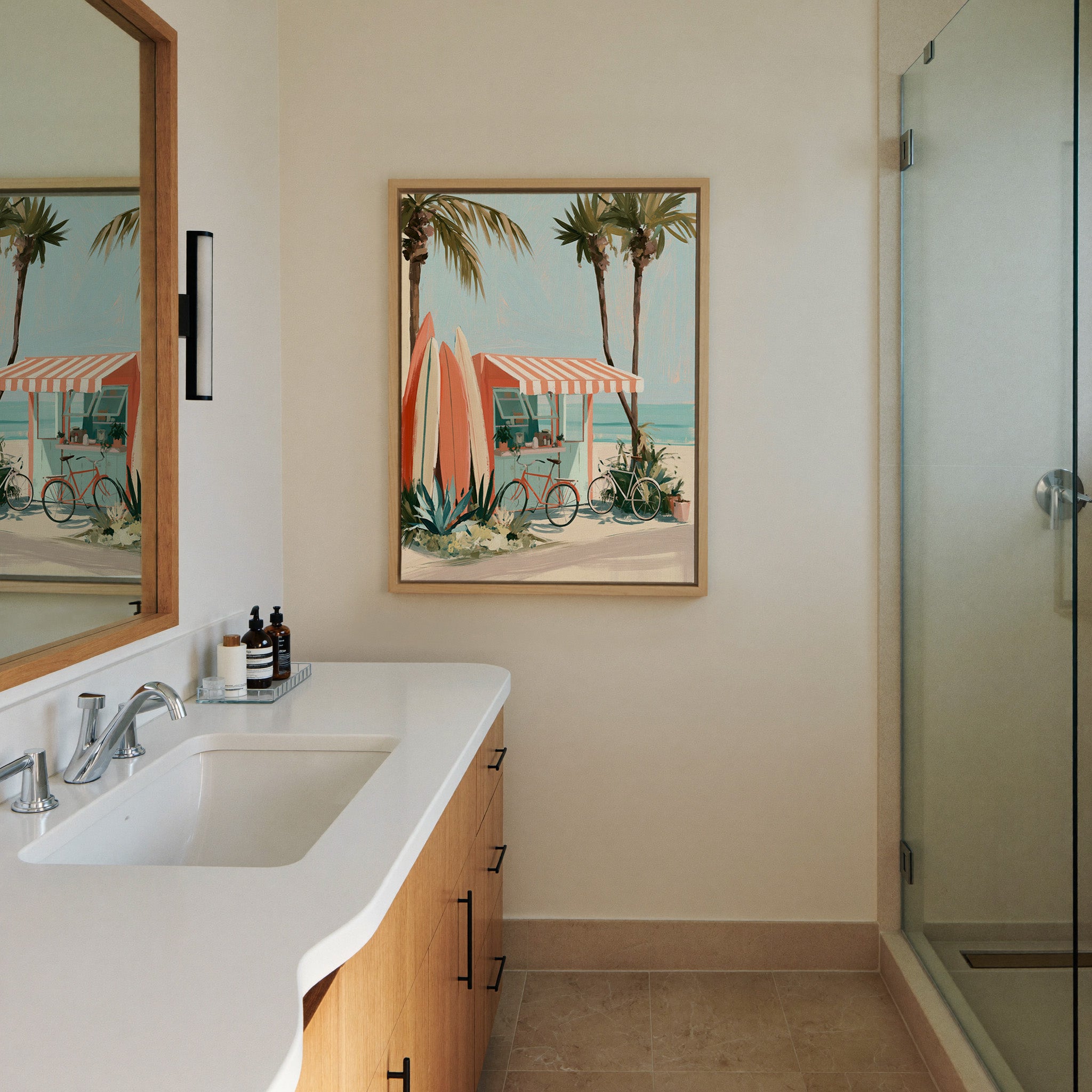 coral kiosk with striped awning canvas wall art in a natural wood frame in a styled room setting