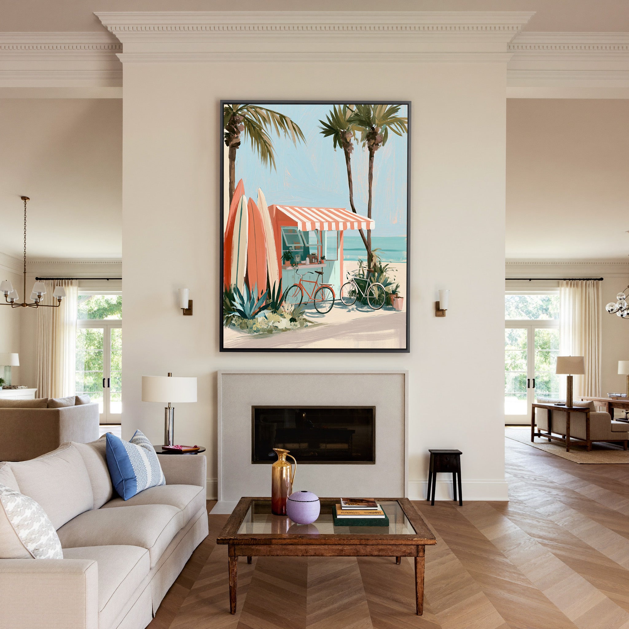 coral kiosk with striped awning and surfboards canvas wall art in a black frame above a mantel